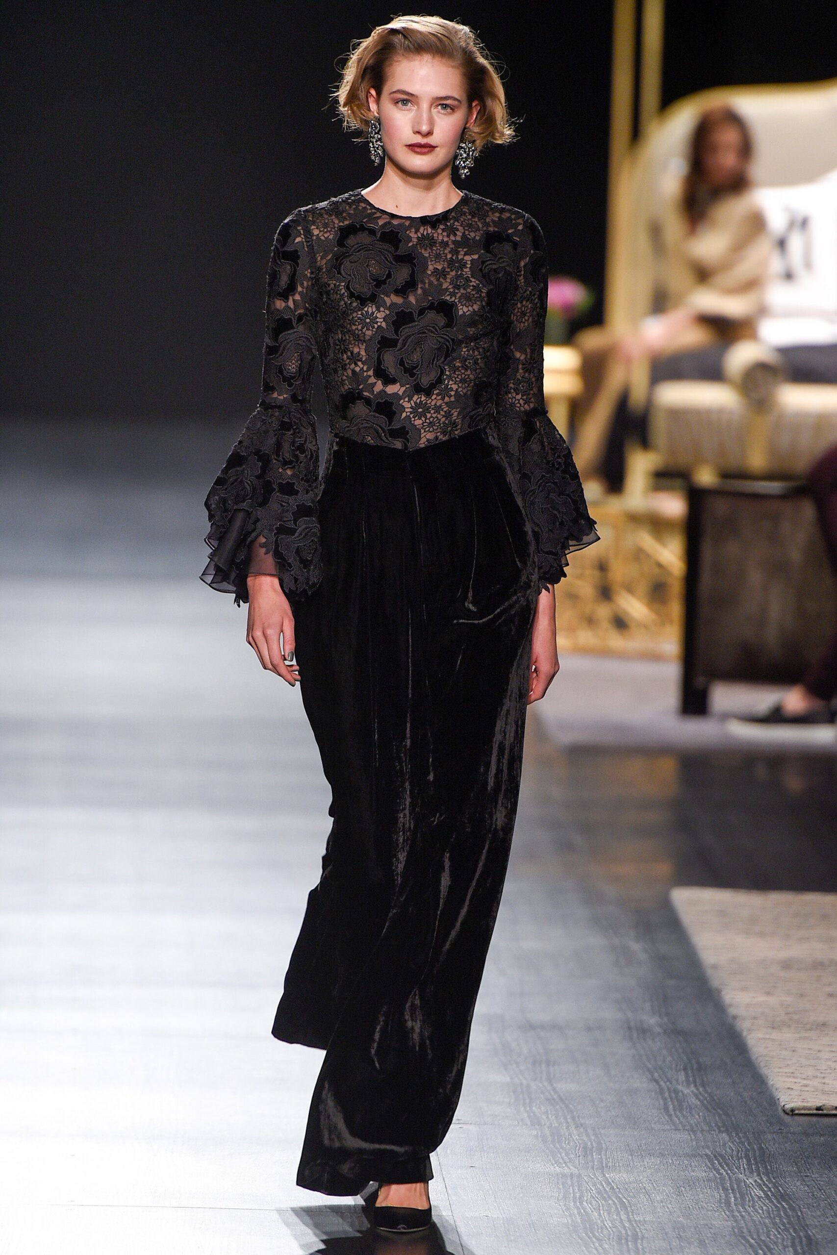 black lace top and velvet pants