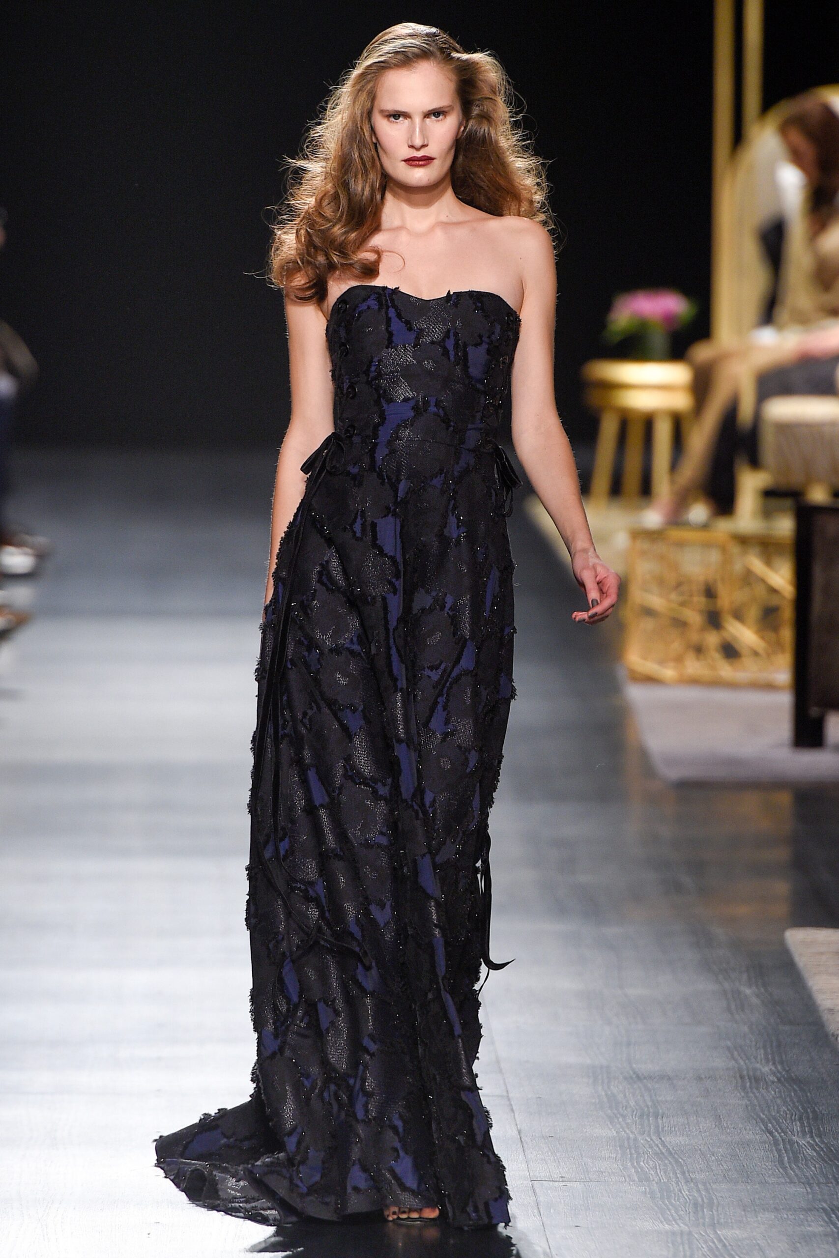 black embroidered strapless gown
