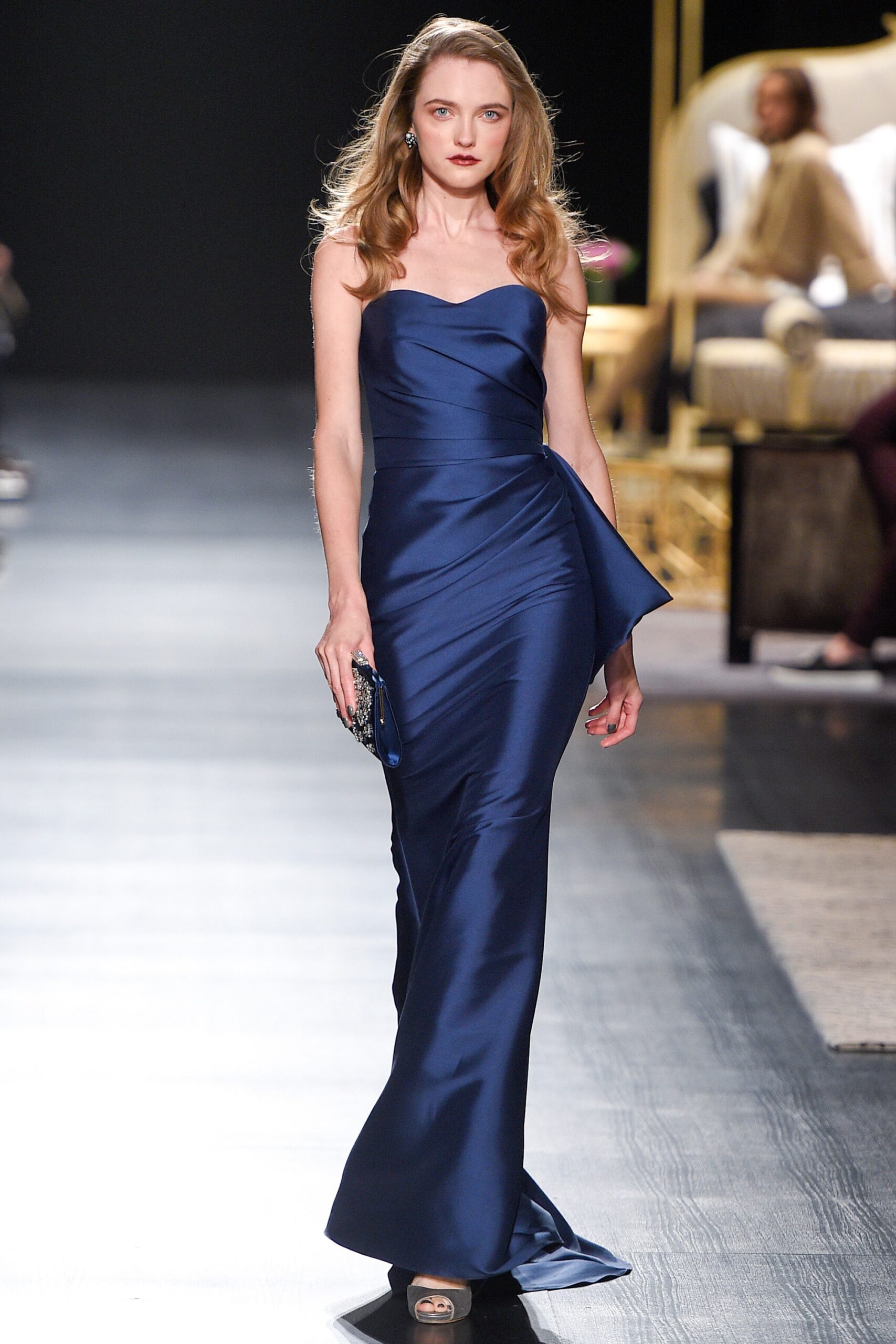 blue satin strapless gown