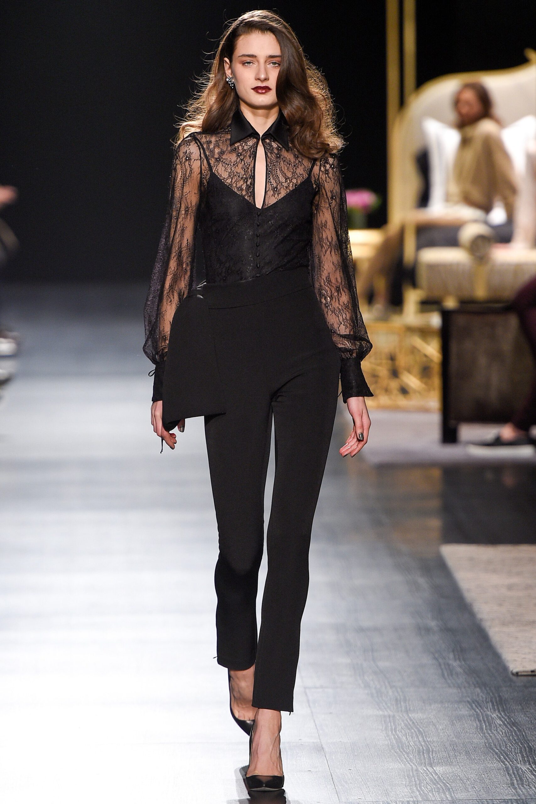 black lace blouse with fitted pants