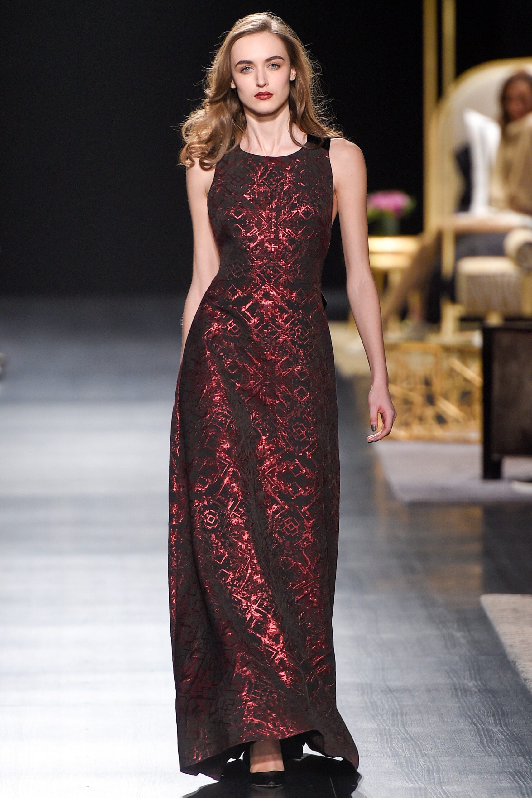 red and black embroidered gown