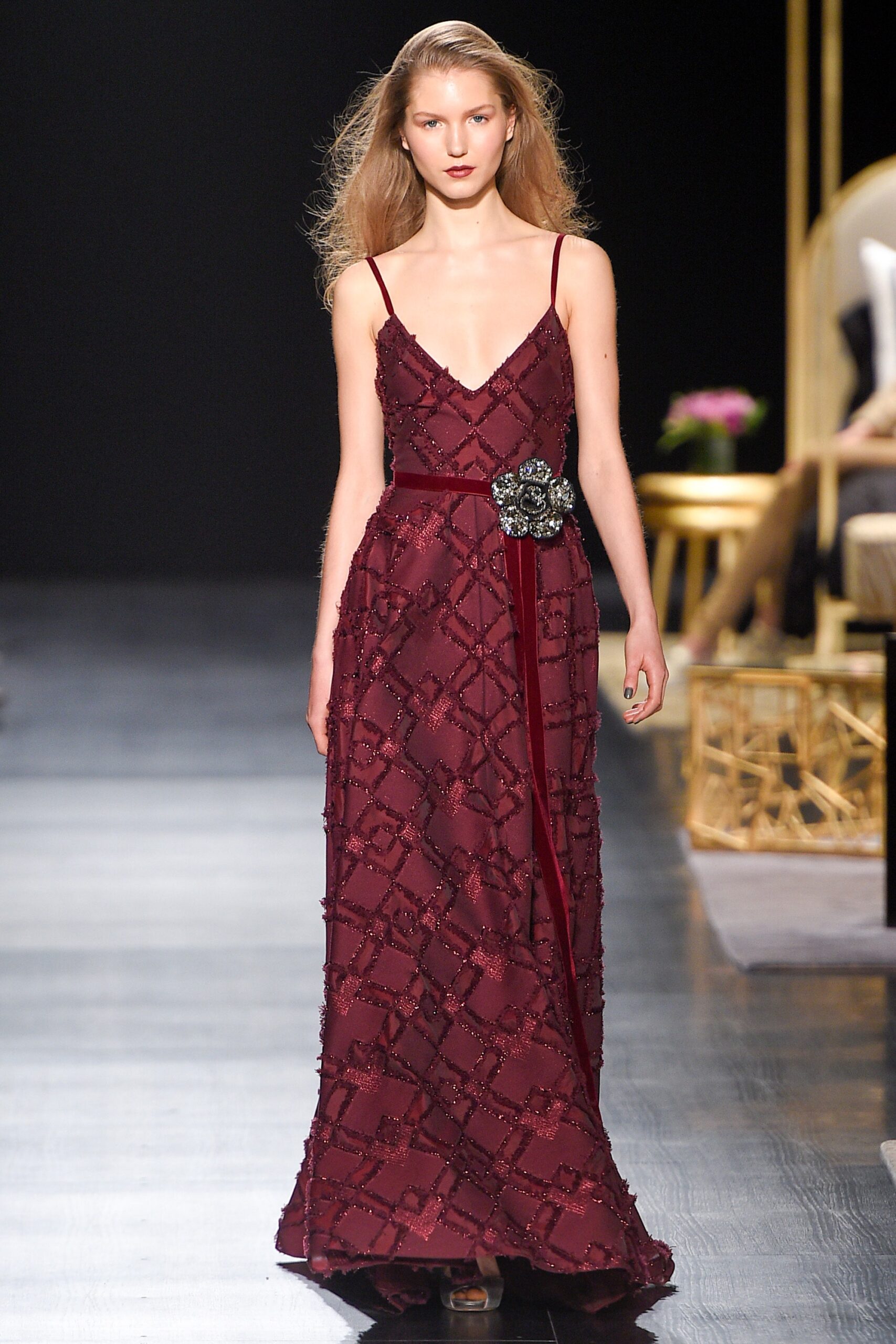 maroon embroidered sleeveless gown