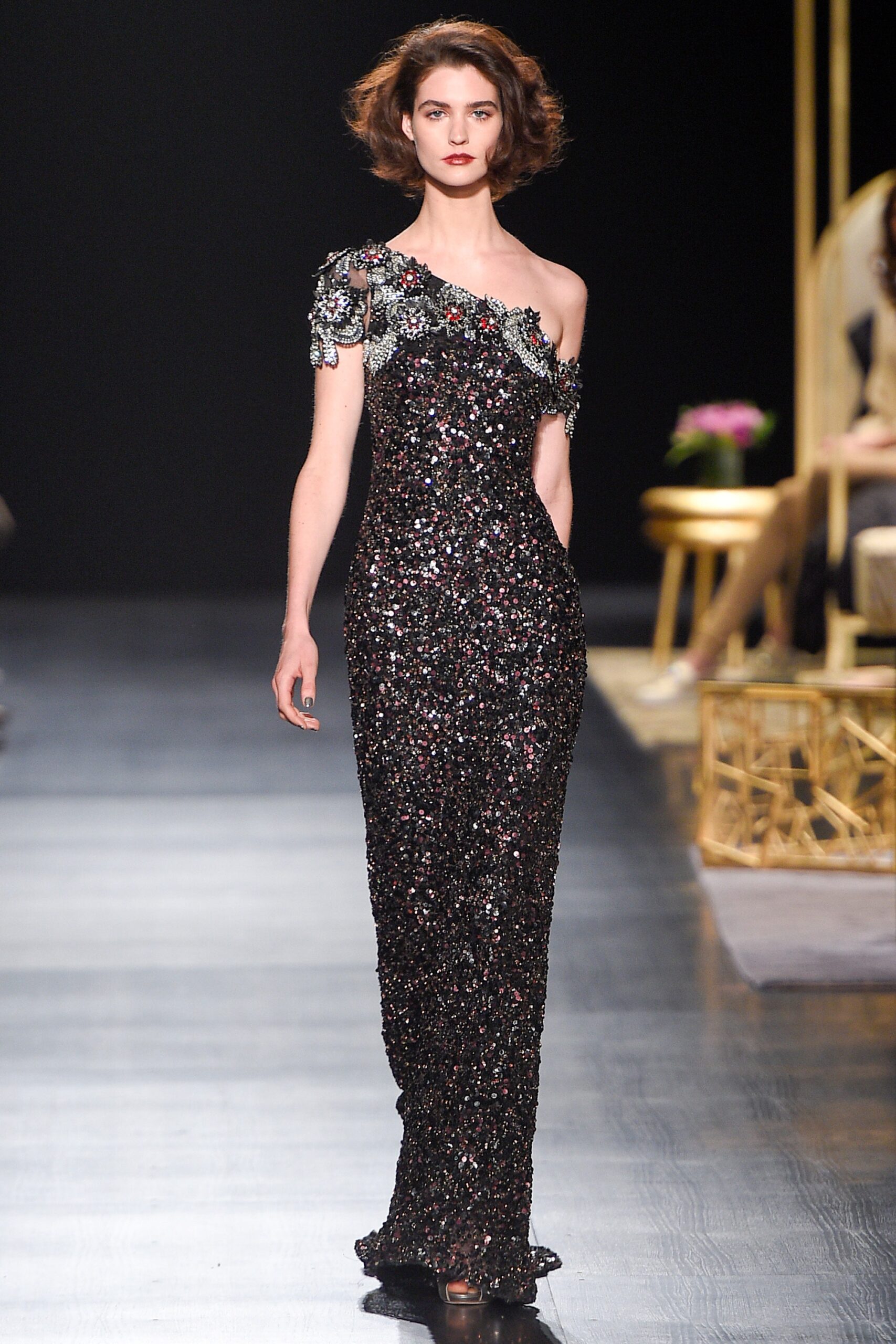black embellished off-shoulder gown