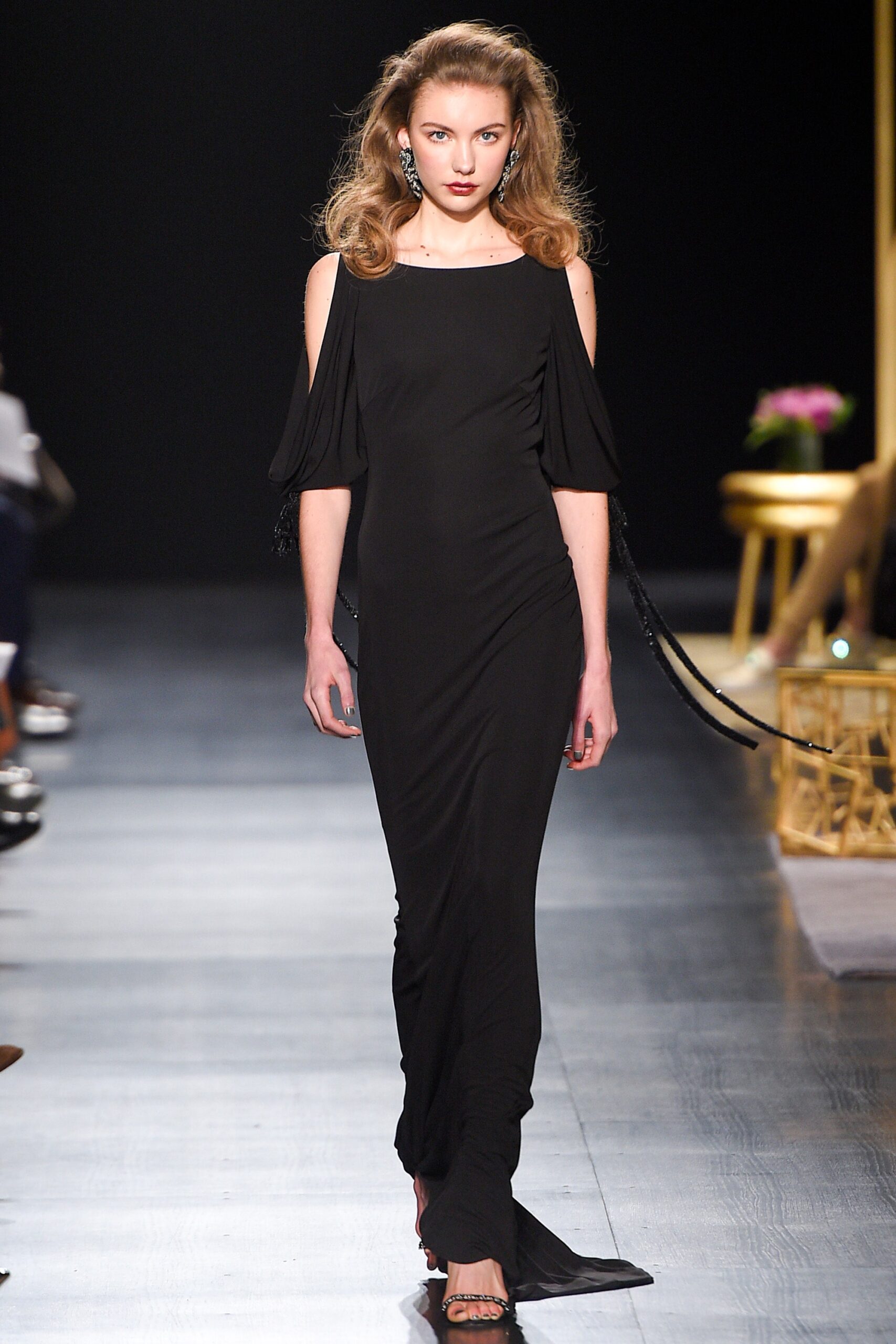 black silk off-shoulder dress