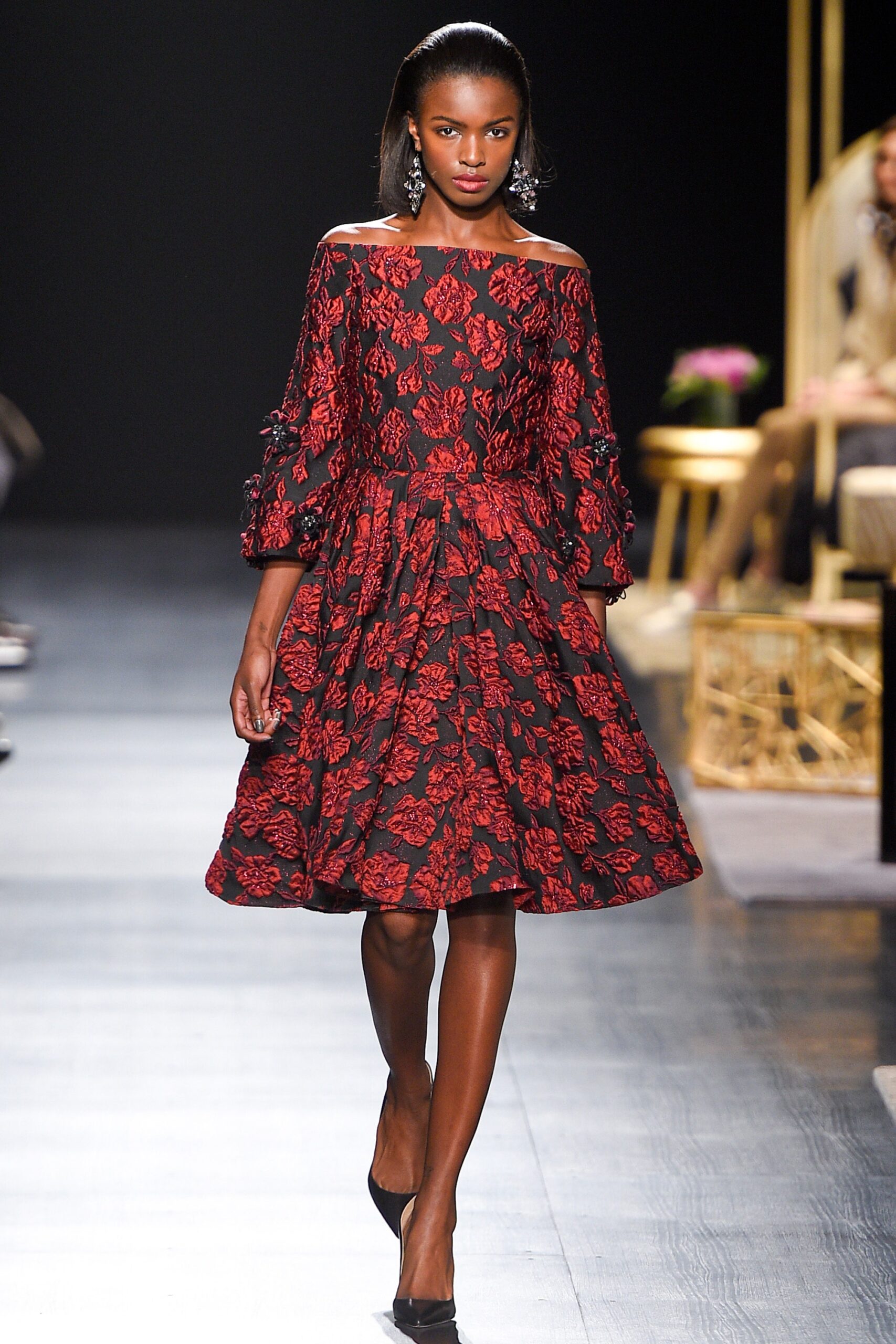black and red embroidered midi dress