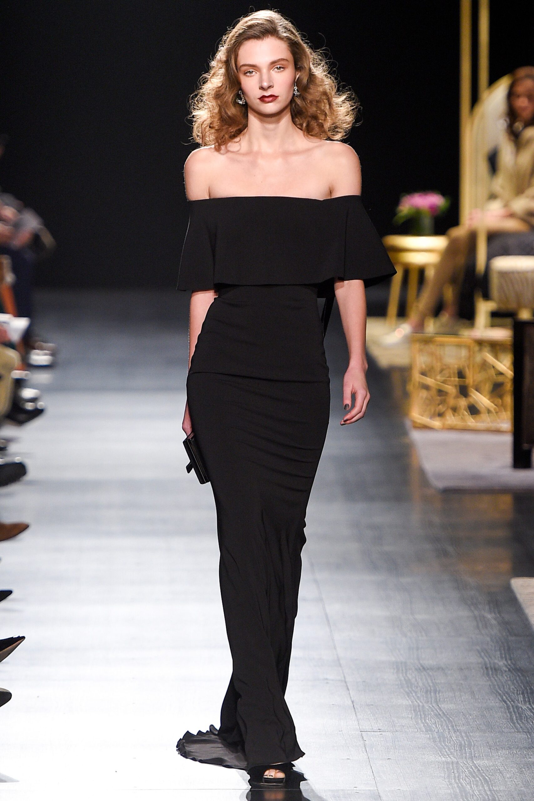 black silk off-shoulder gown