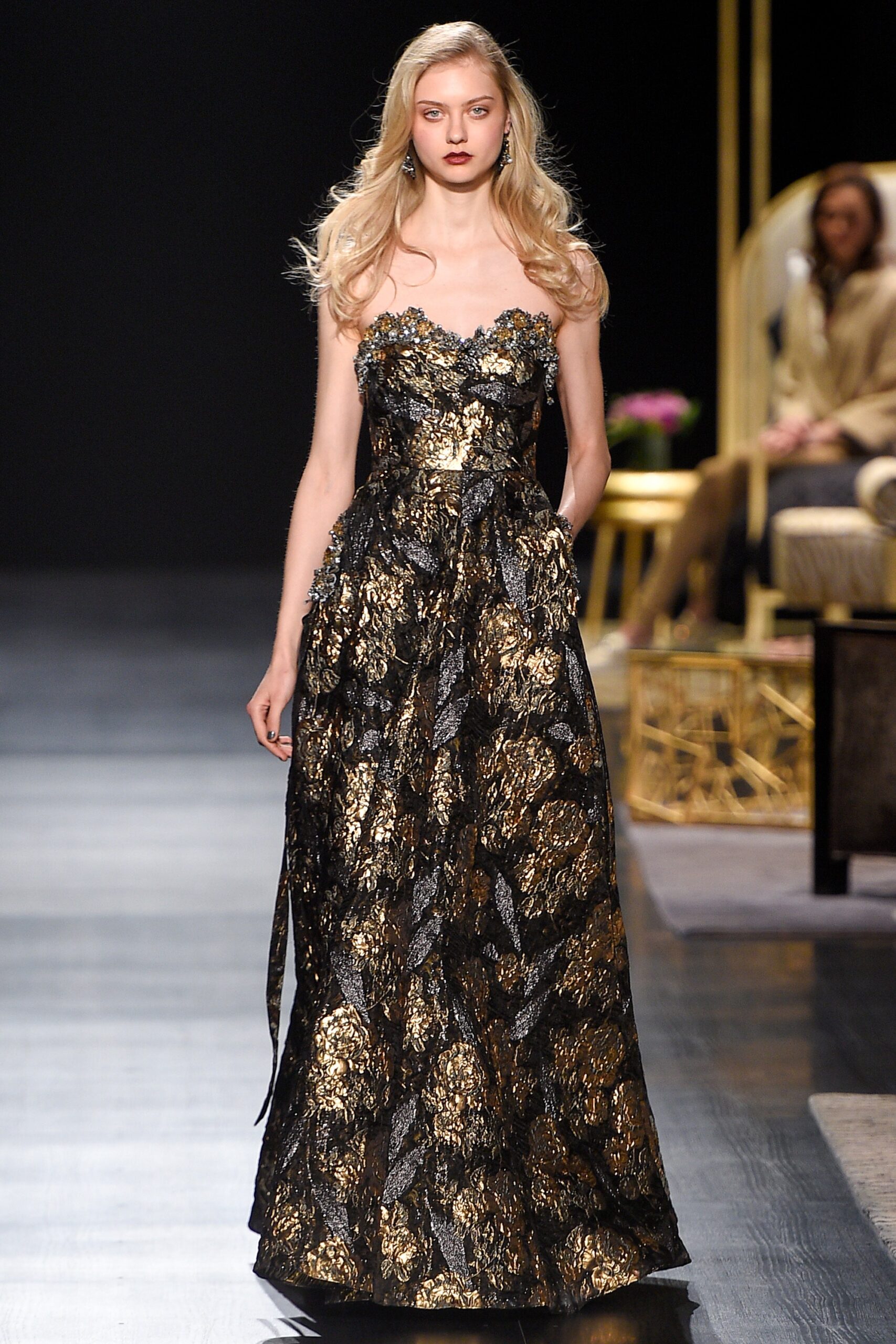 black and gold embroidered gown