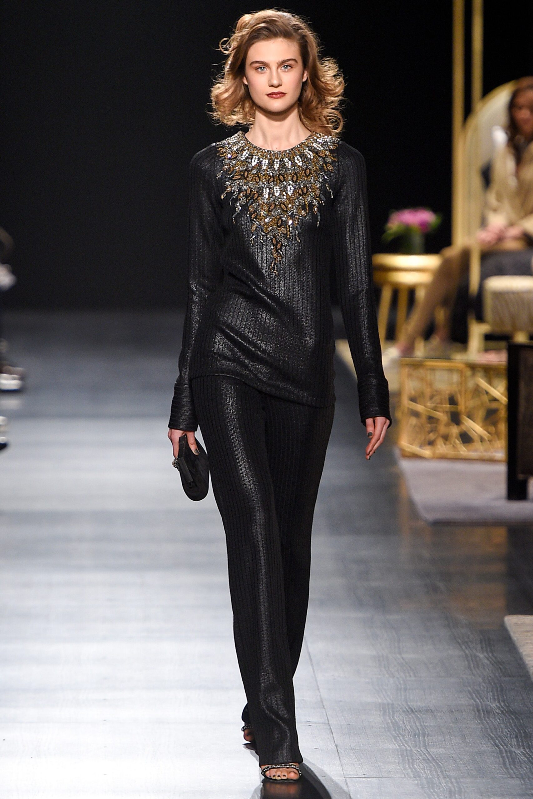 black embellished silk top and pants