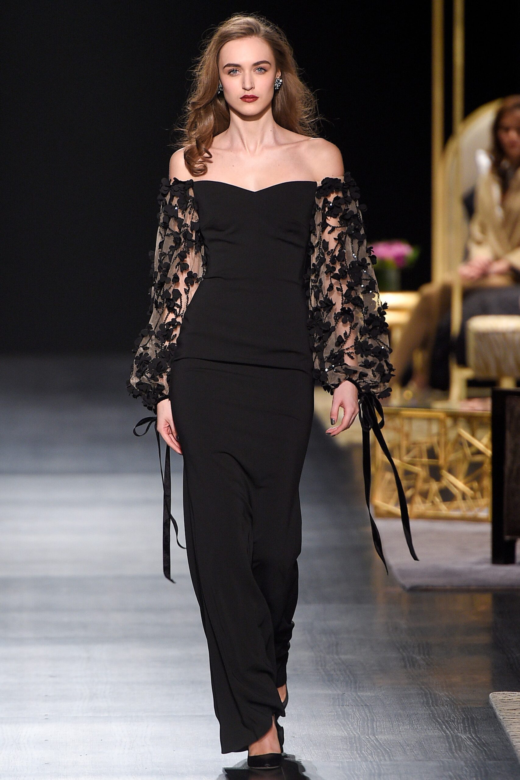 black off-shoulder embroidered dress