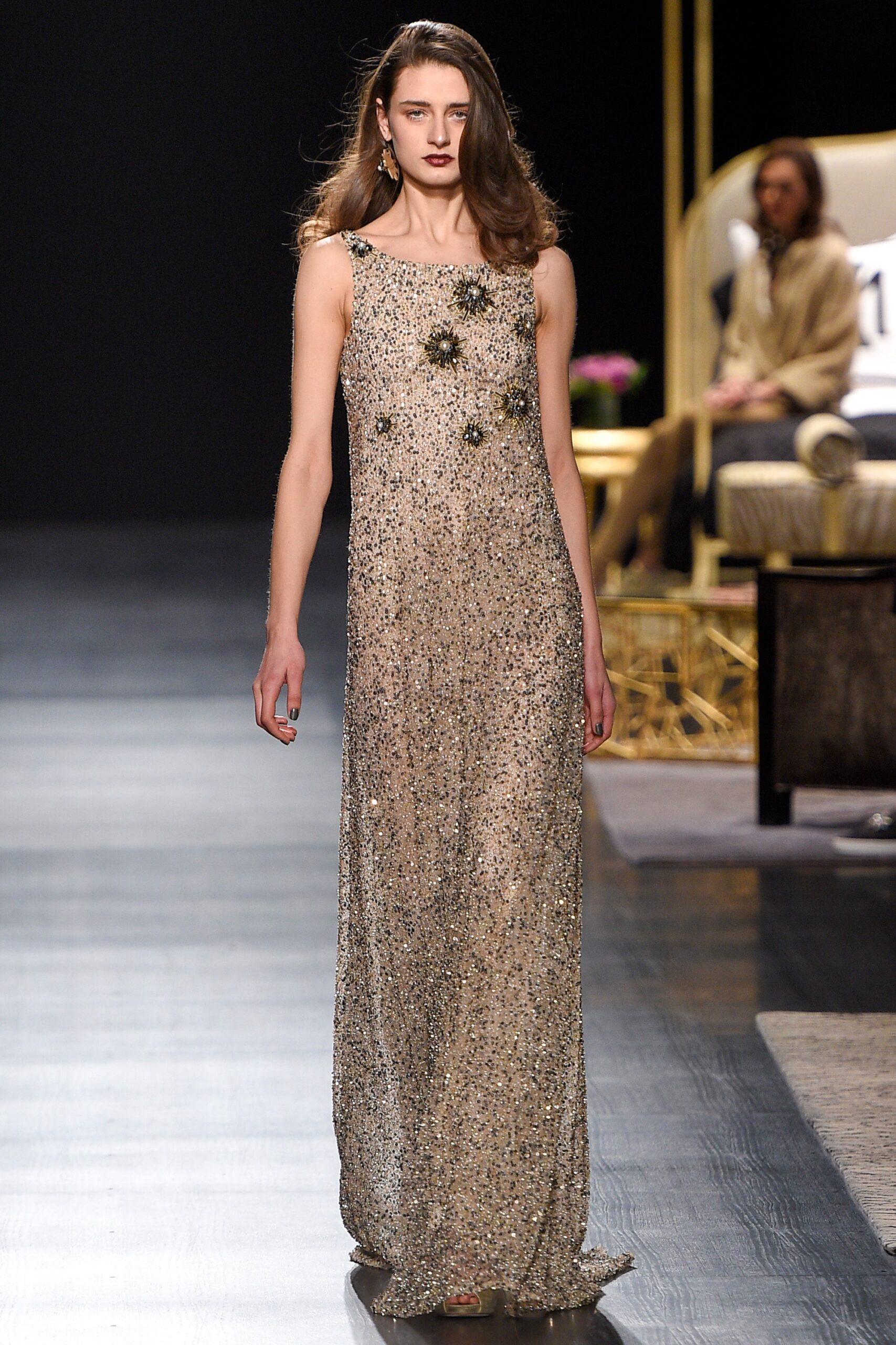gold beaded sleeveless gown