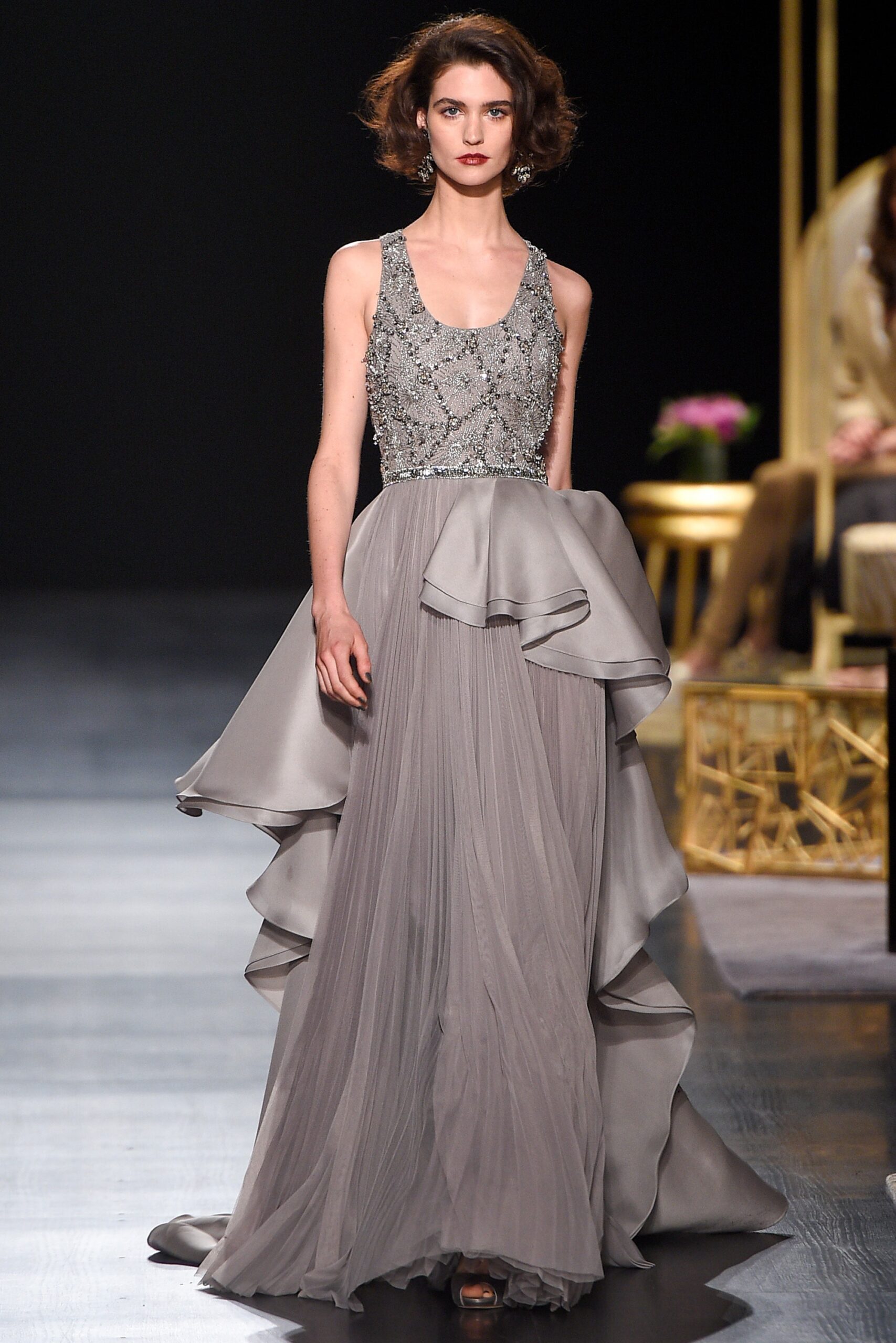 gray silk sleeveless gown