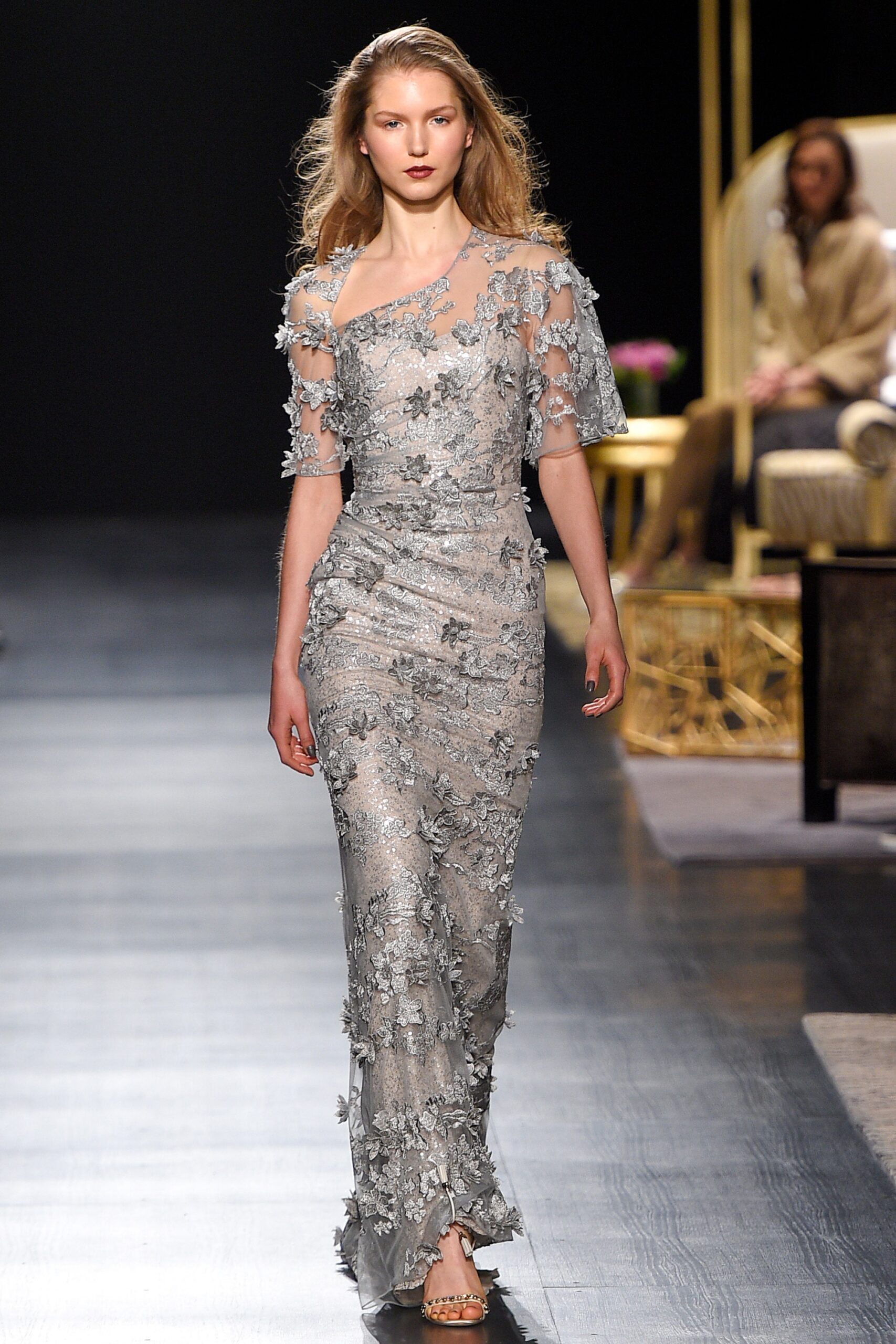 silver embroidered off-shoulder gown
