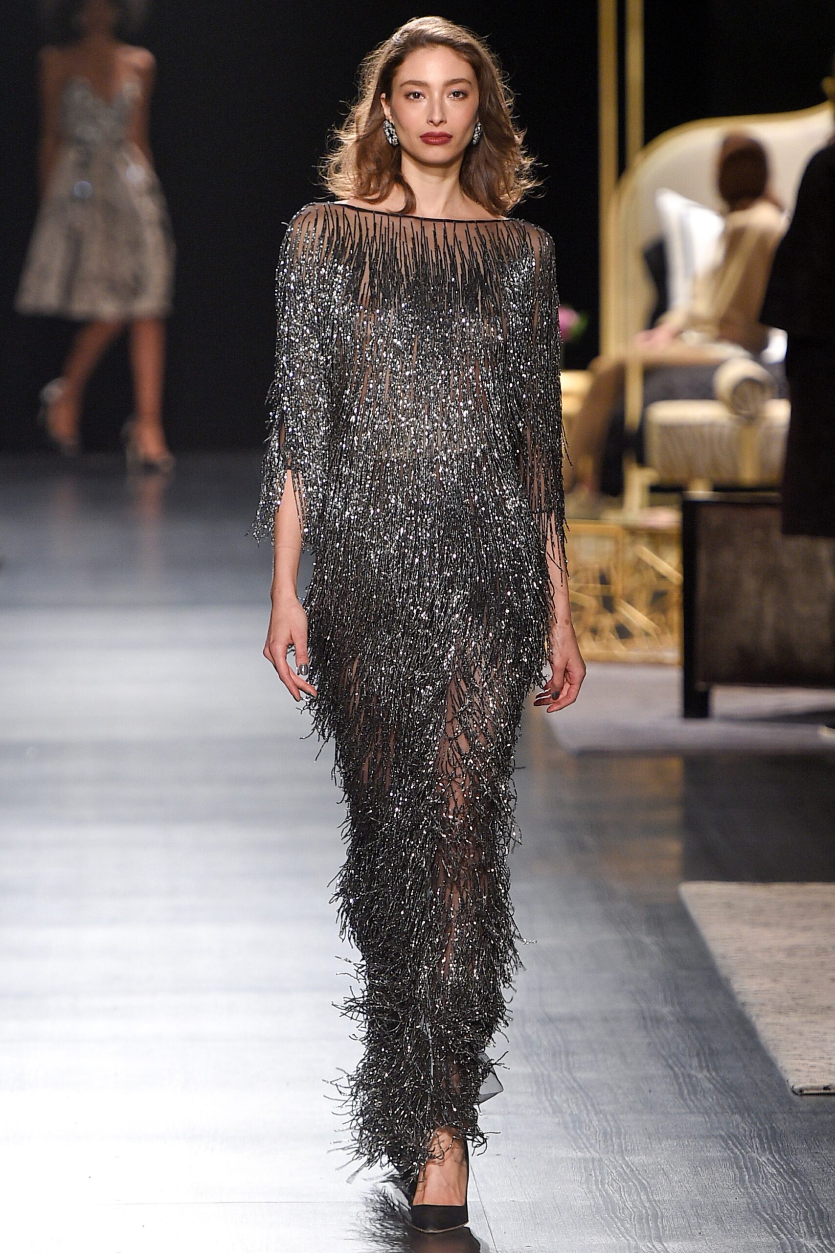 silver metallic fringed maxi dress