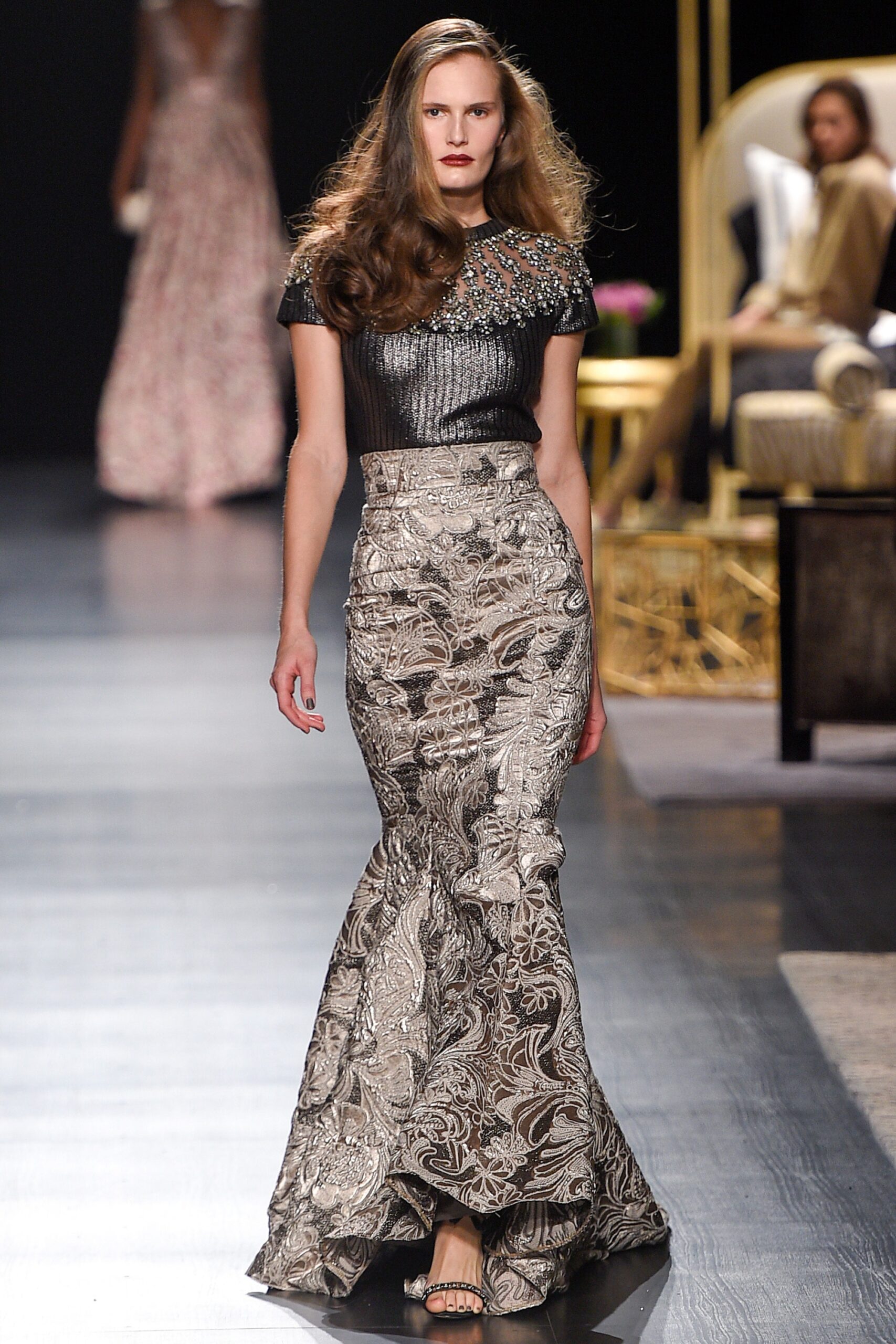 gray silk long-sleeve fitted flared flowing maxi skirt