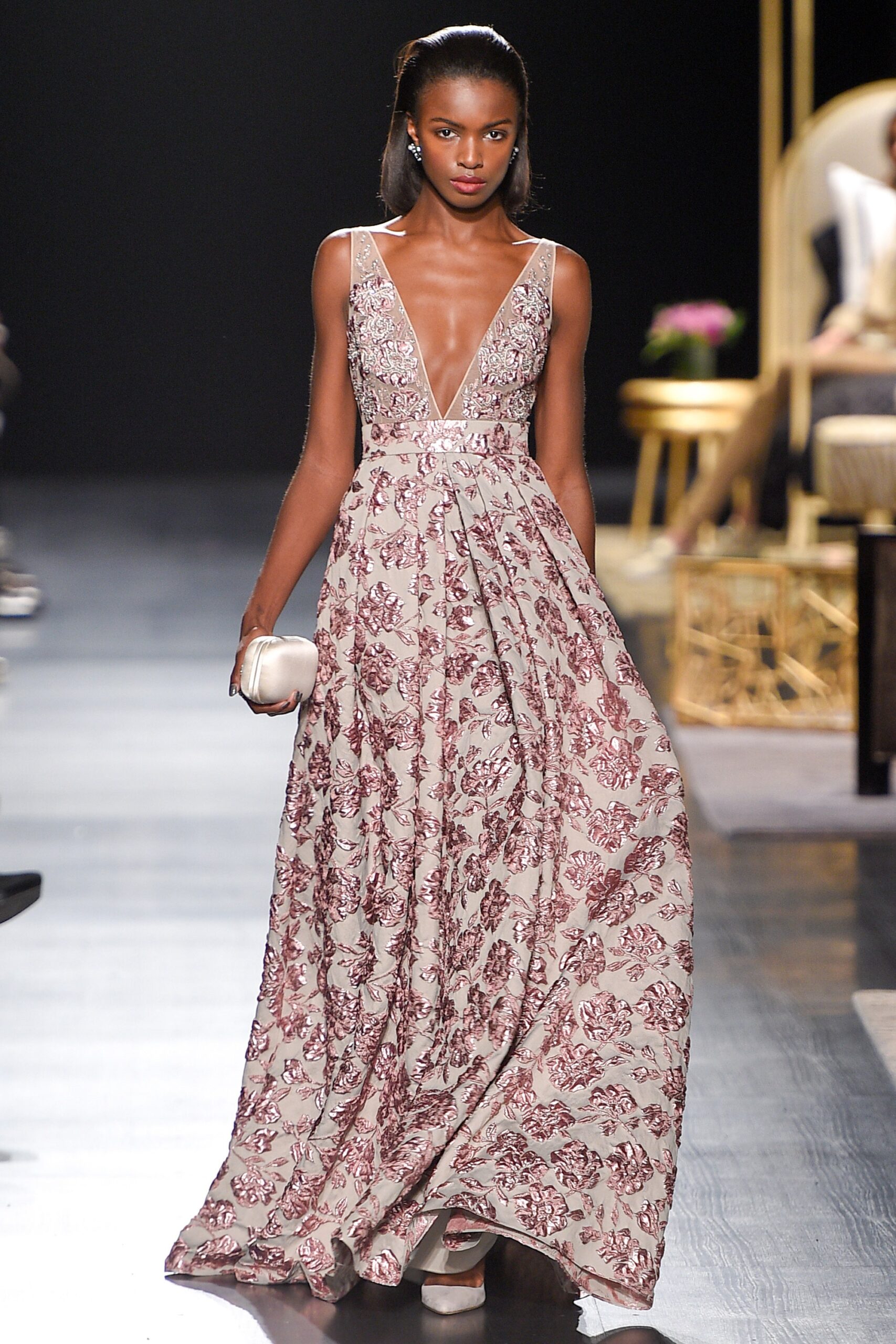 beige floral silk gown