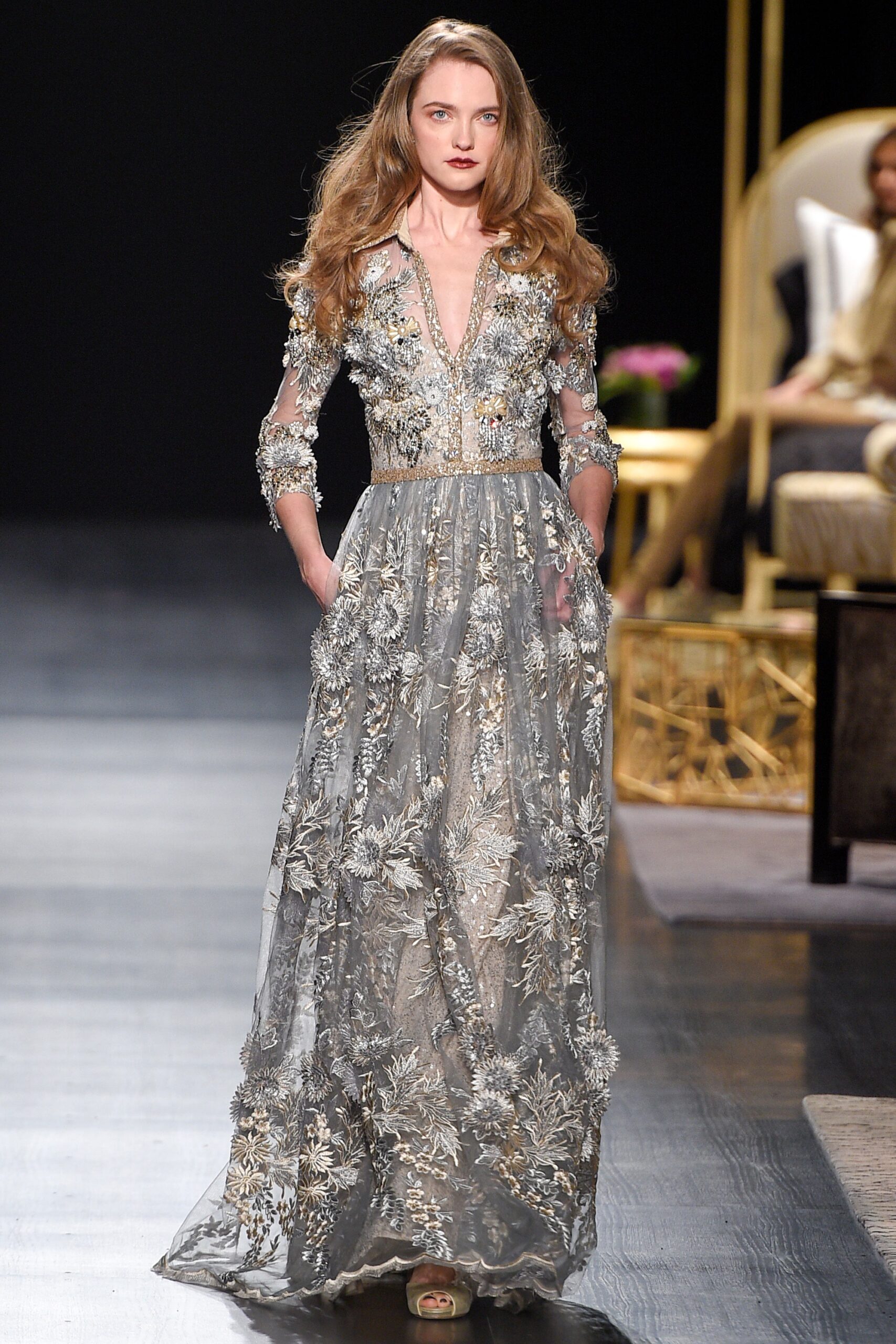 gray silk embroidered gown