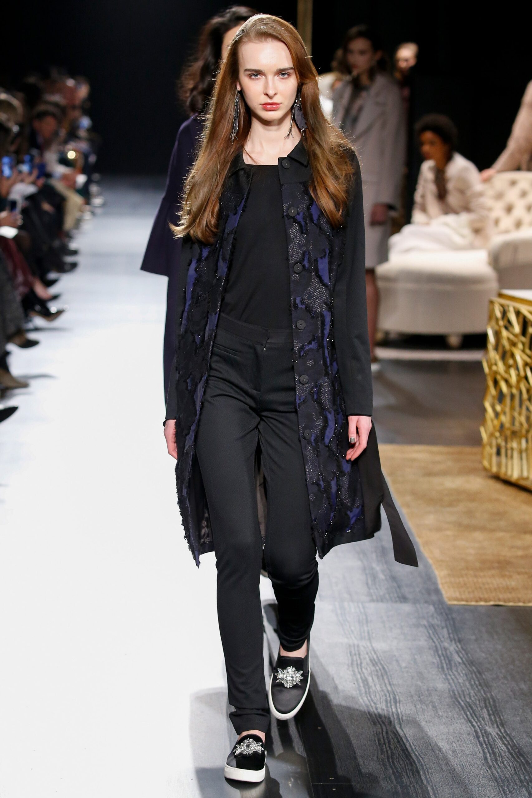 black embroidered coat with slim pants