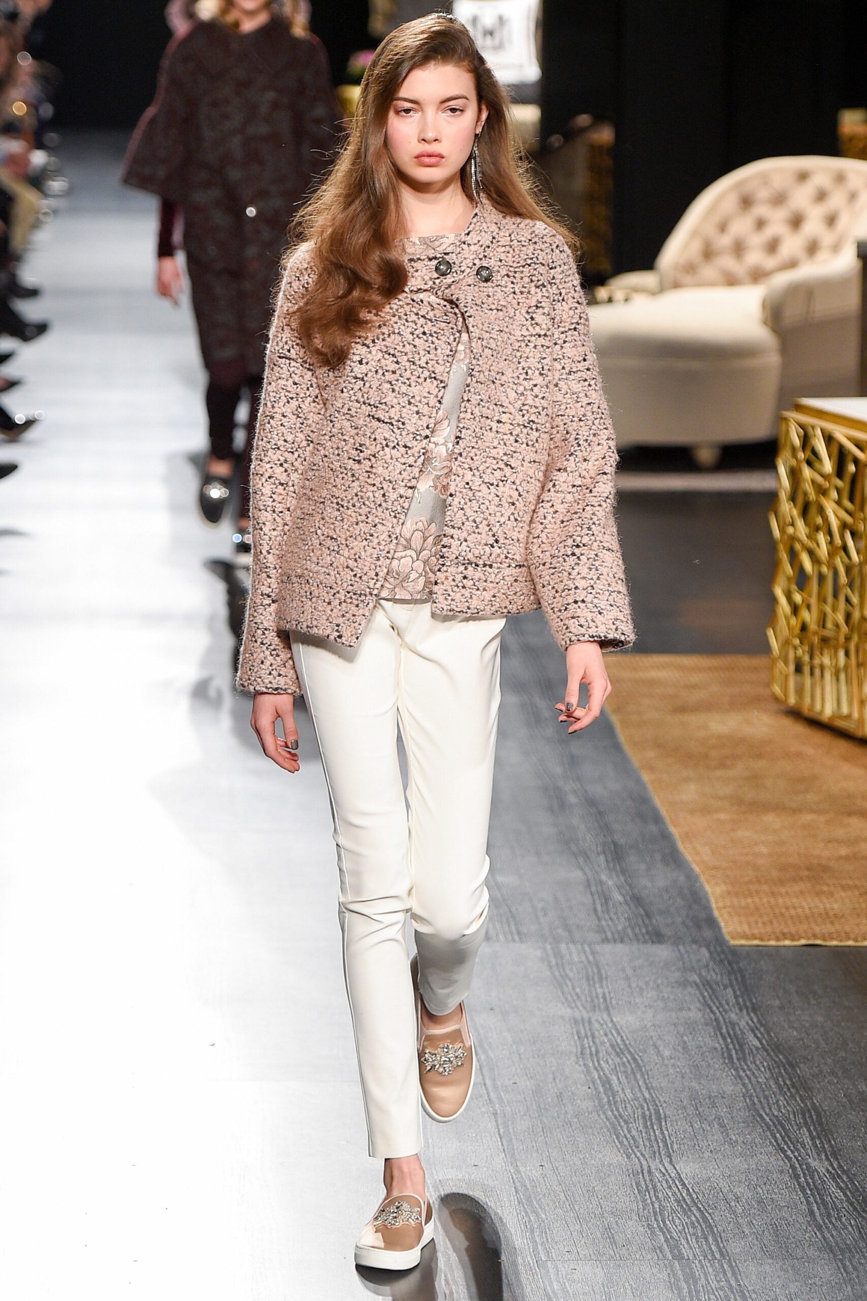 pink wool jacket with white top