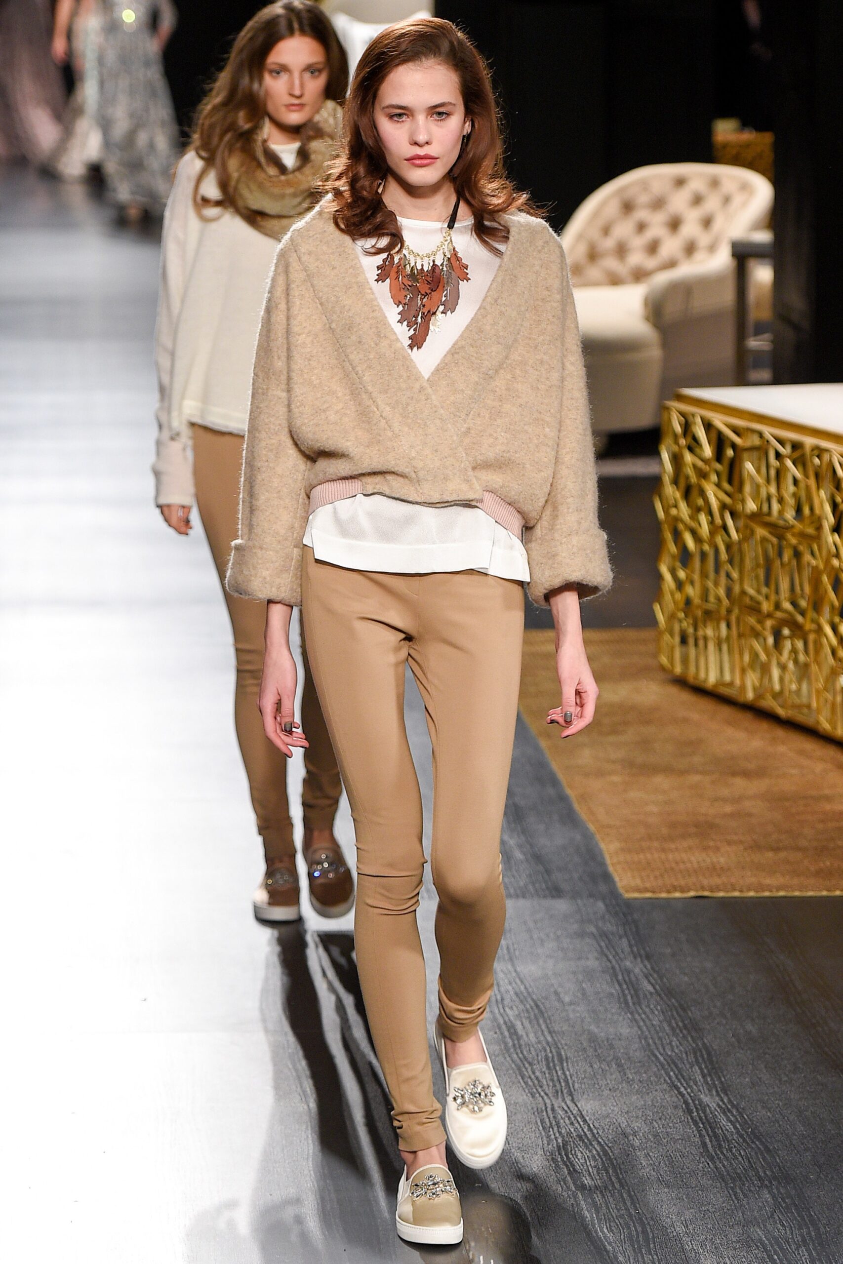 beige relaxed sweater with white shirt