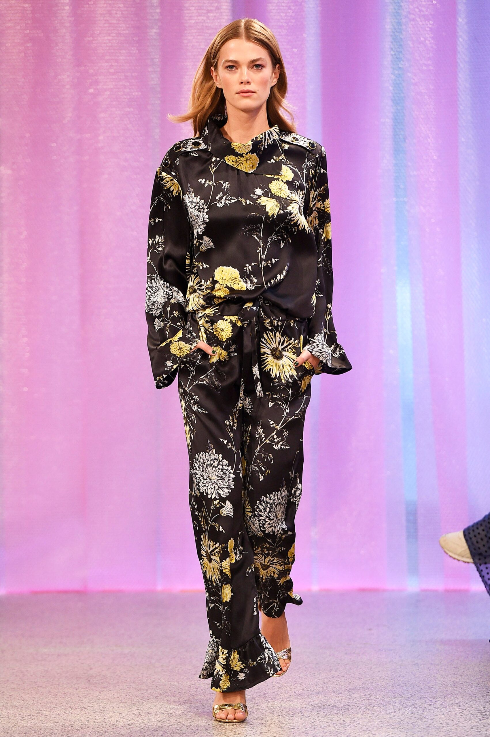 black silk long-sleeve collared relaxed floral buttoned top