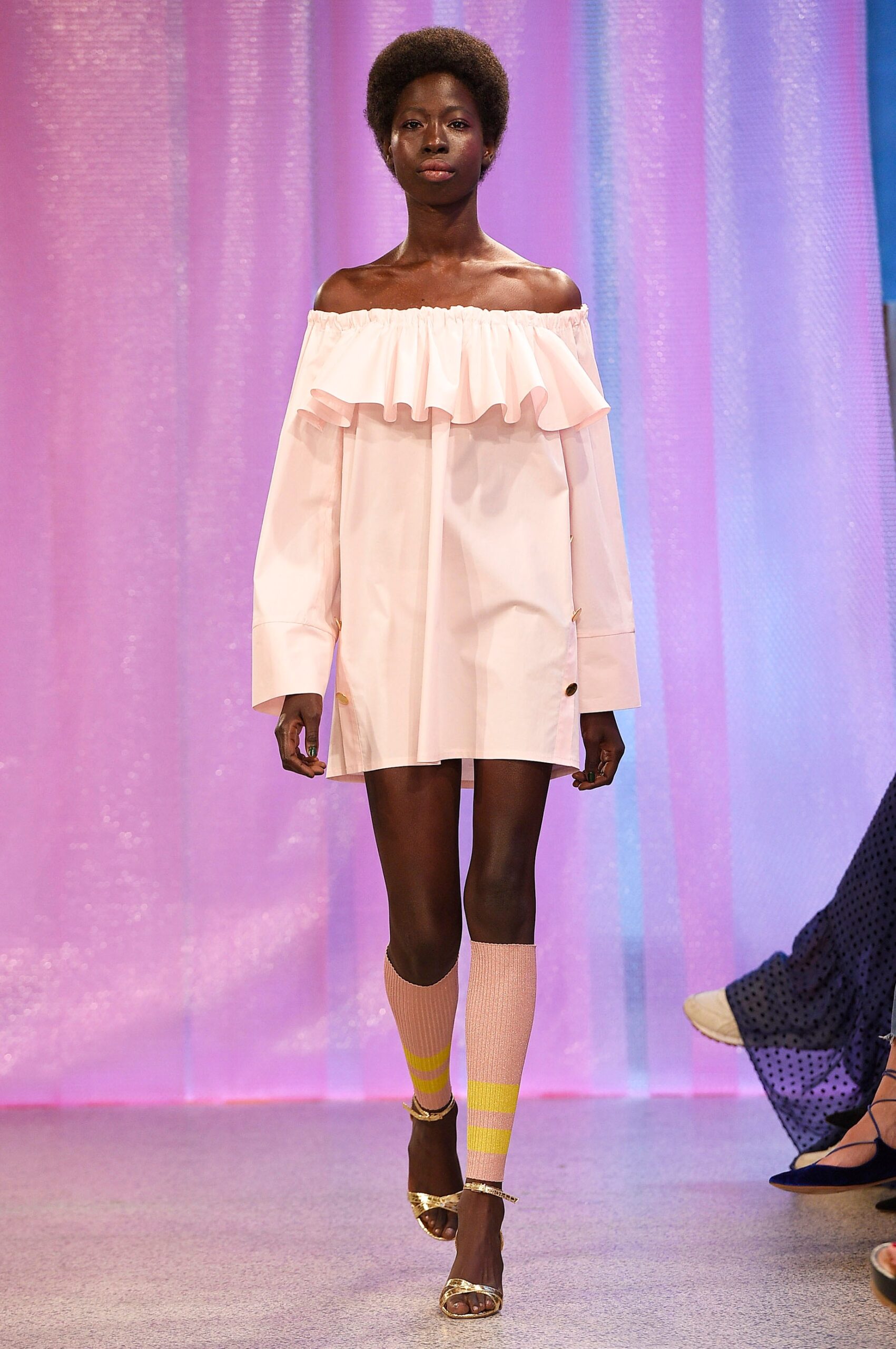 pink off-shoulder ruffled dress