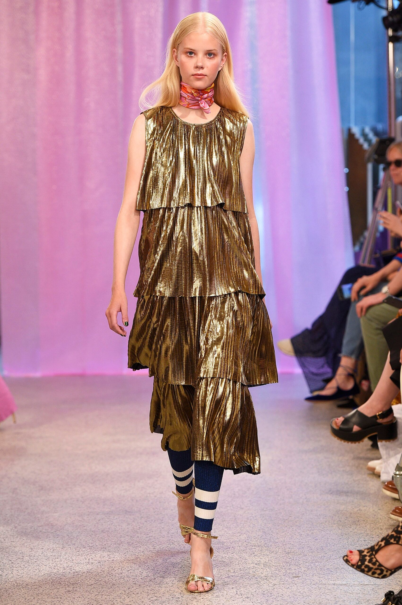 gold pleated tiered dress