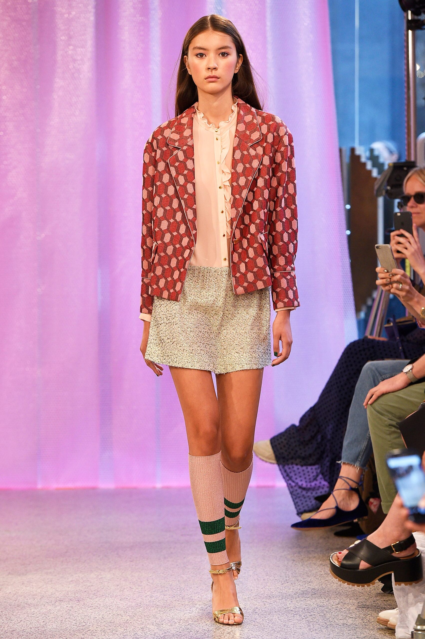 red polka-dot jacket with mini skirt