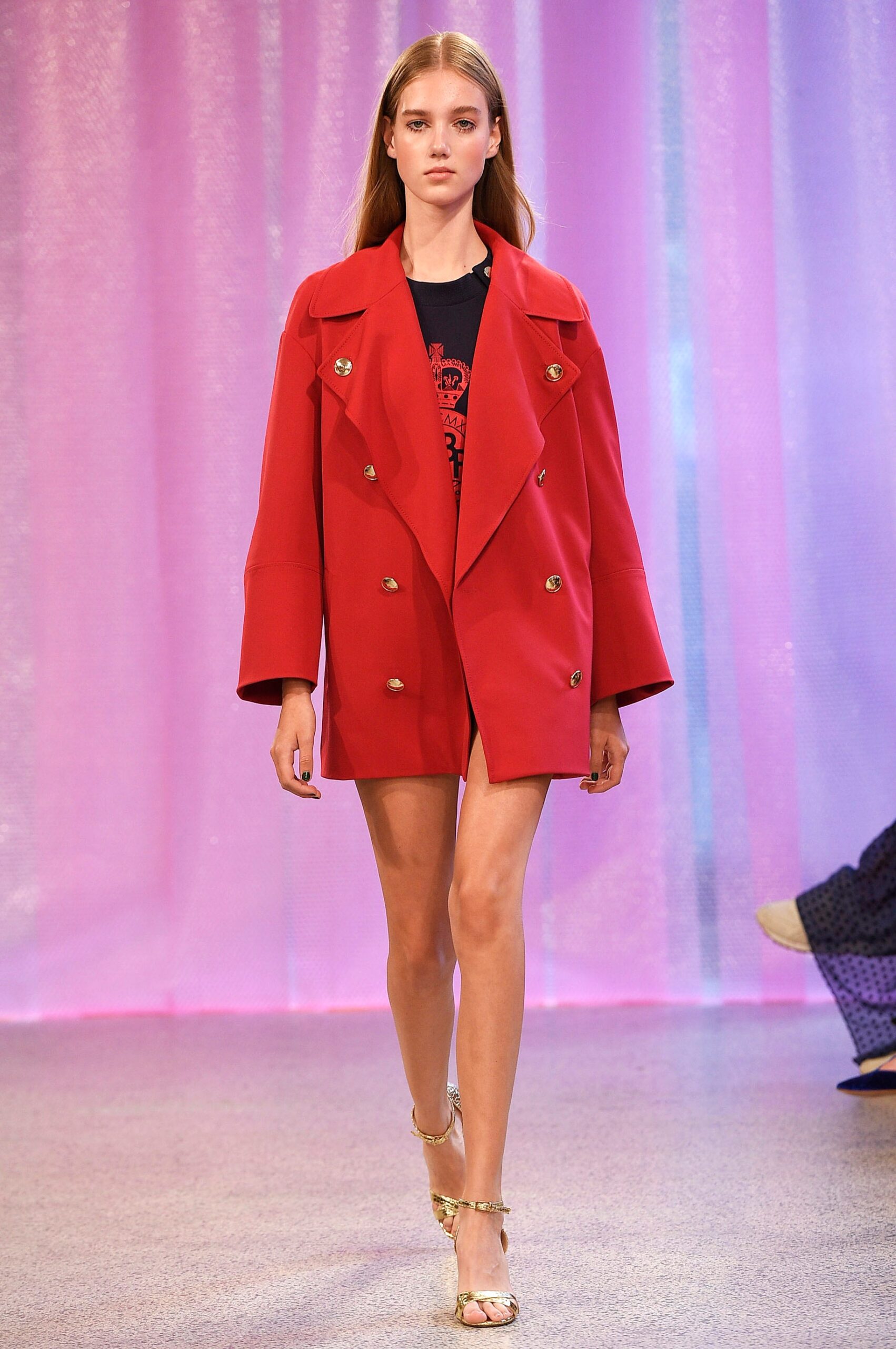 red oversized jacket with black dress
