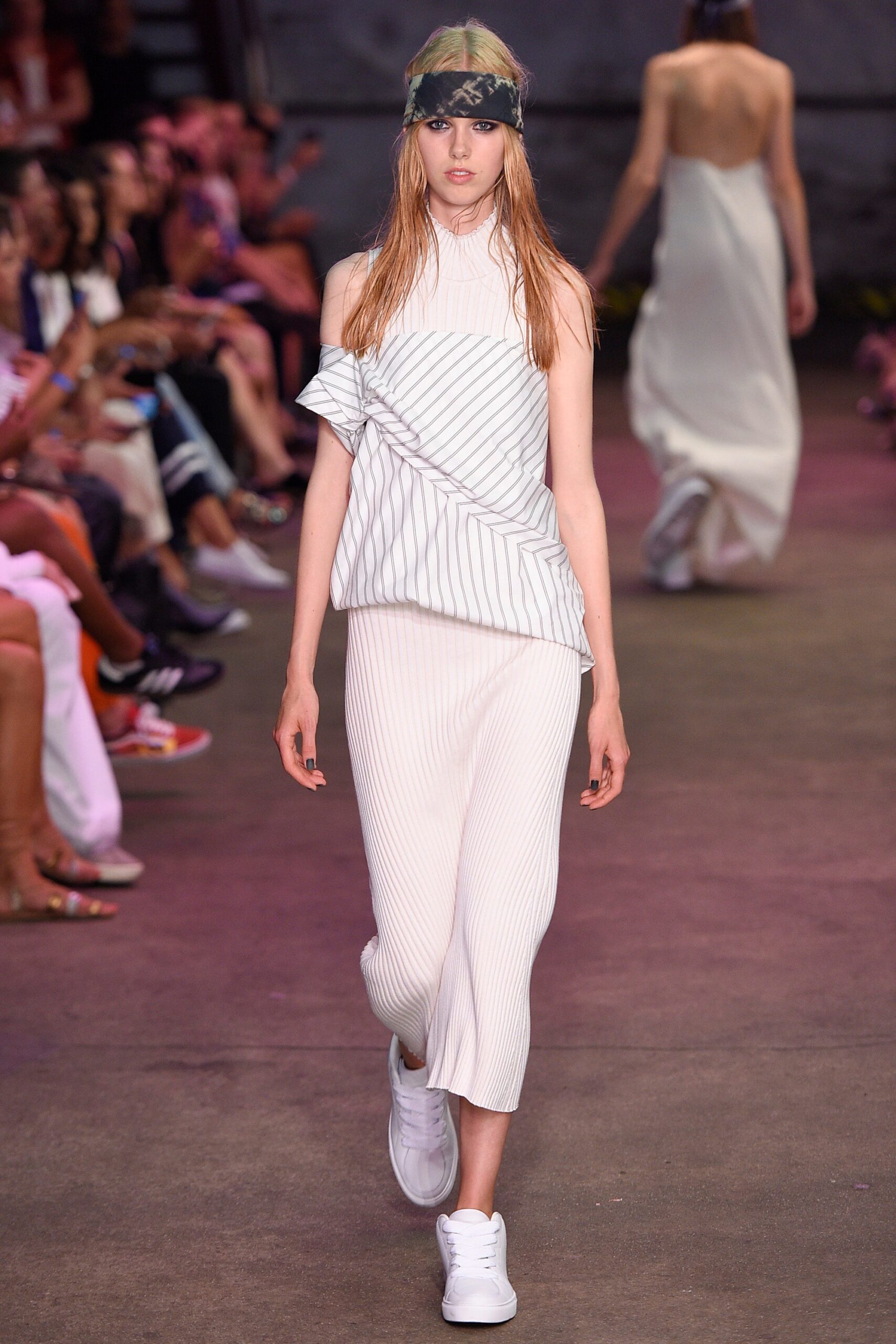white fitted top and midi skirt