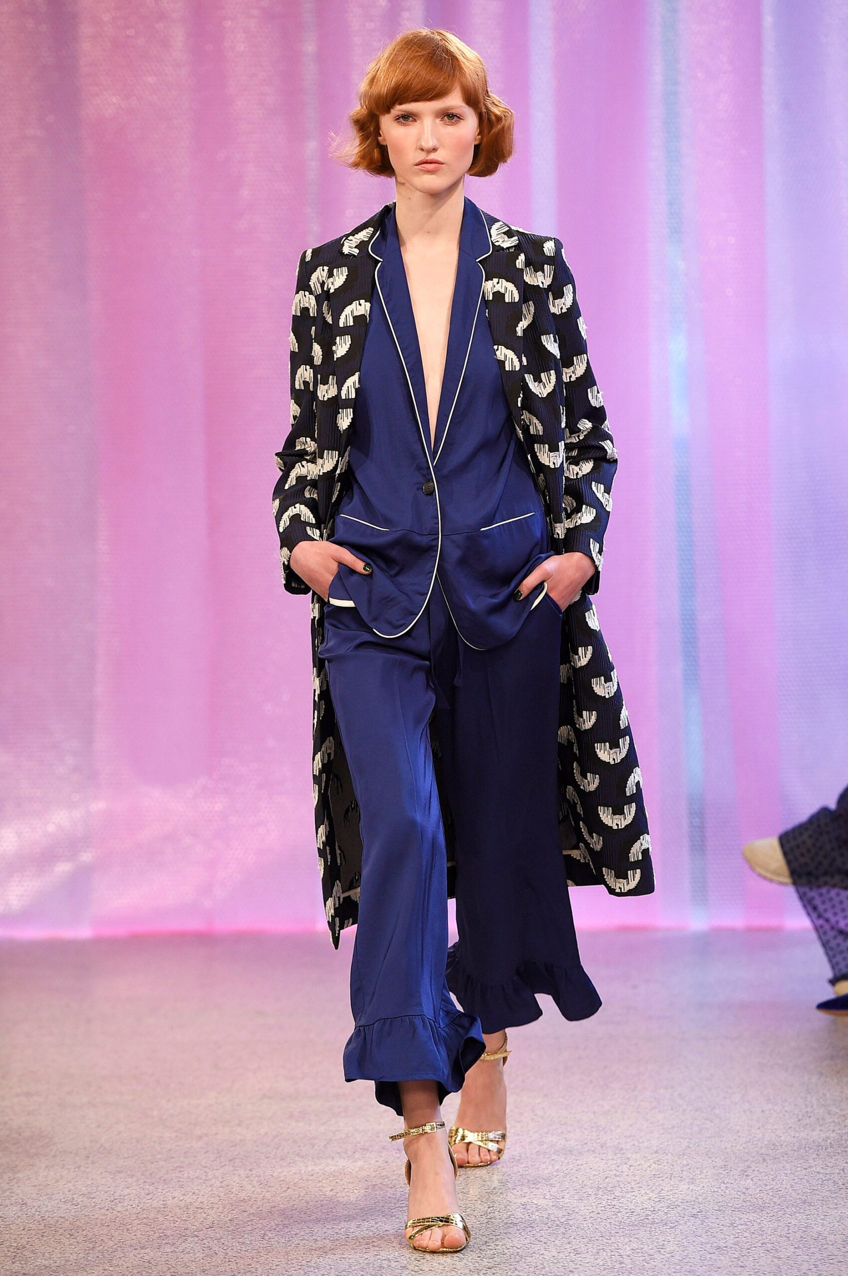 black and white printed blazer with blue silk top