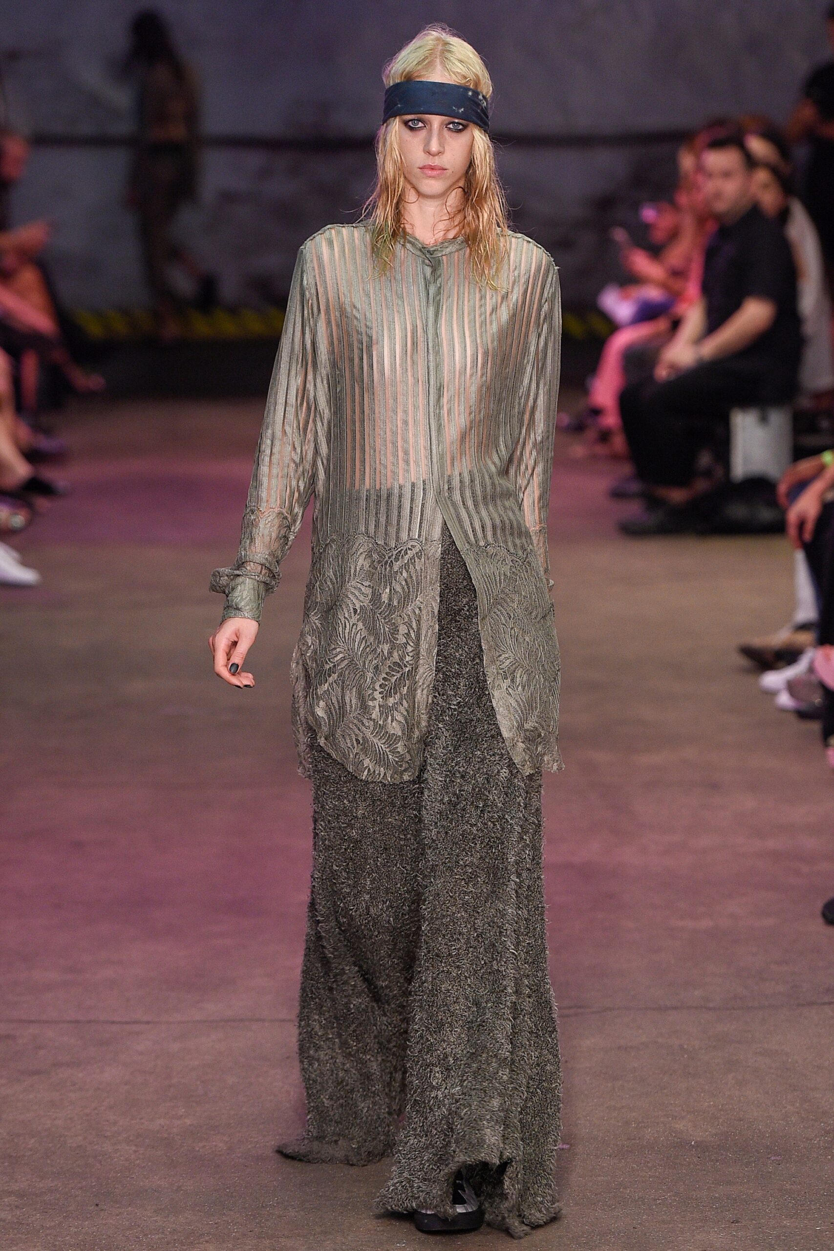 green silk long-sleeve collared relaxed striped sheer shirt