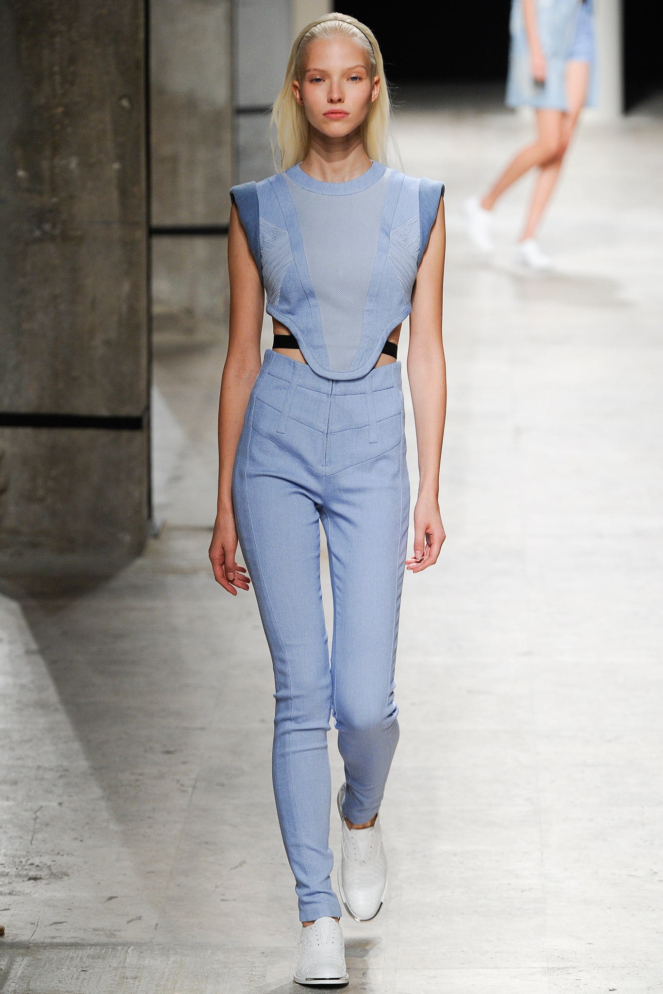 blue fitted sleeveless catsuit