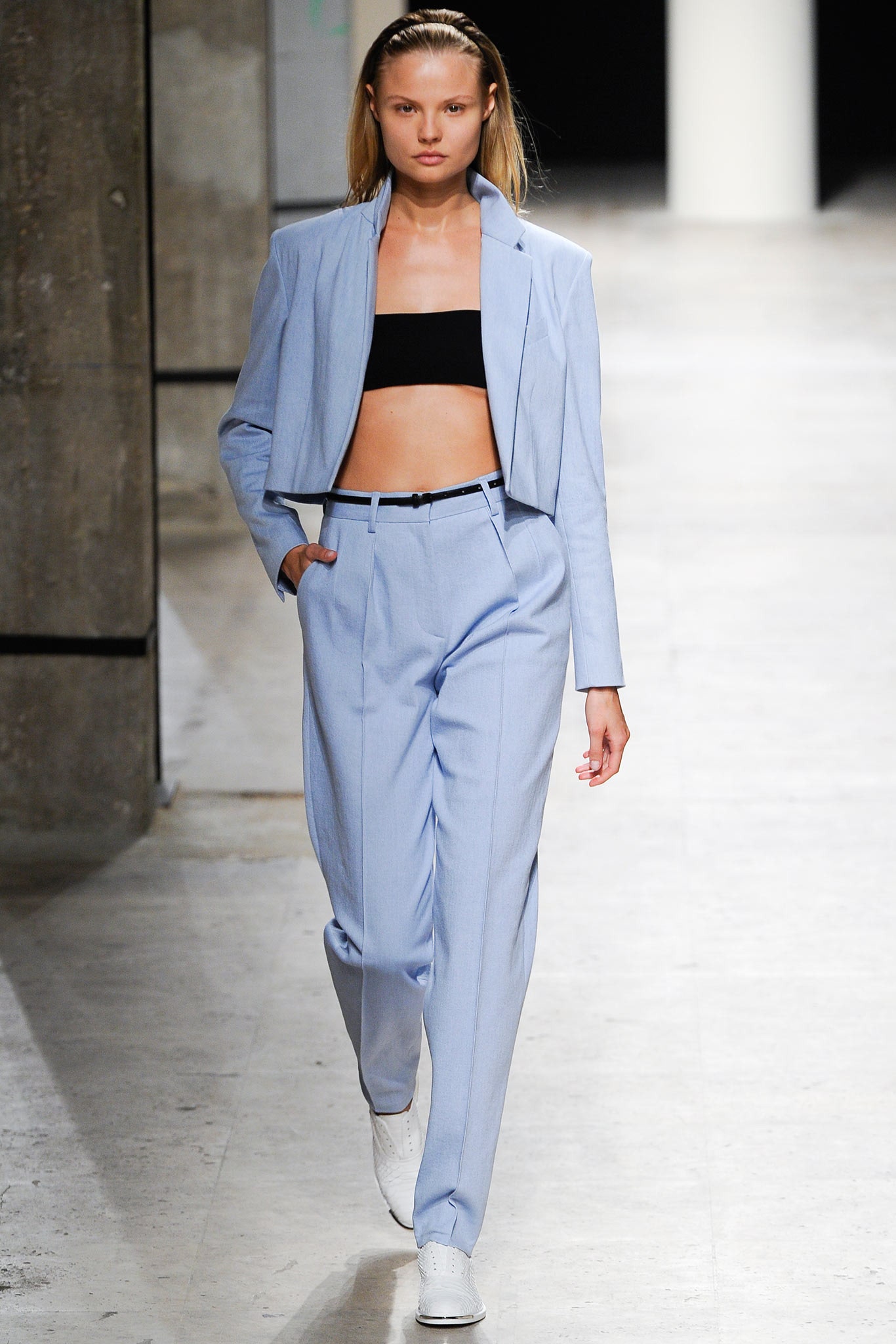 blue fitted blazer with tailored pants