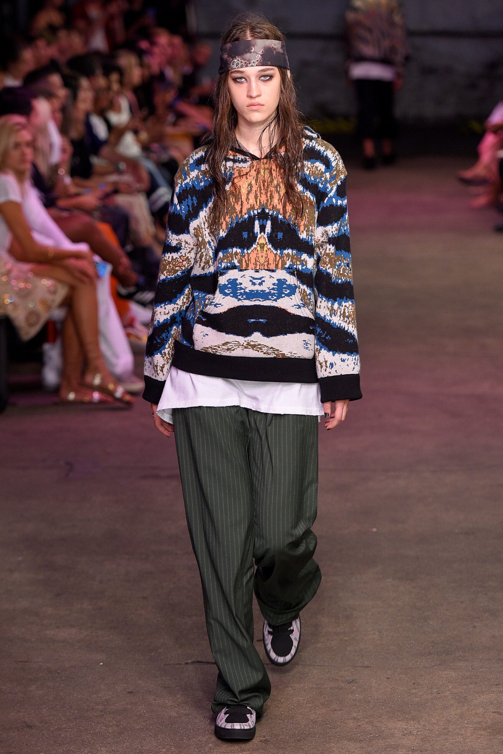 blue printed hoodie with green pants