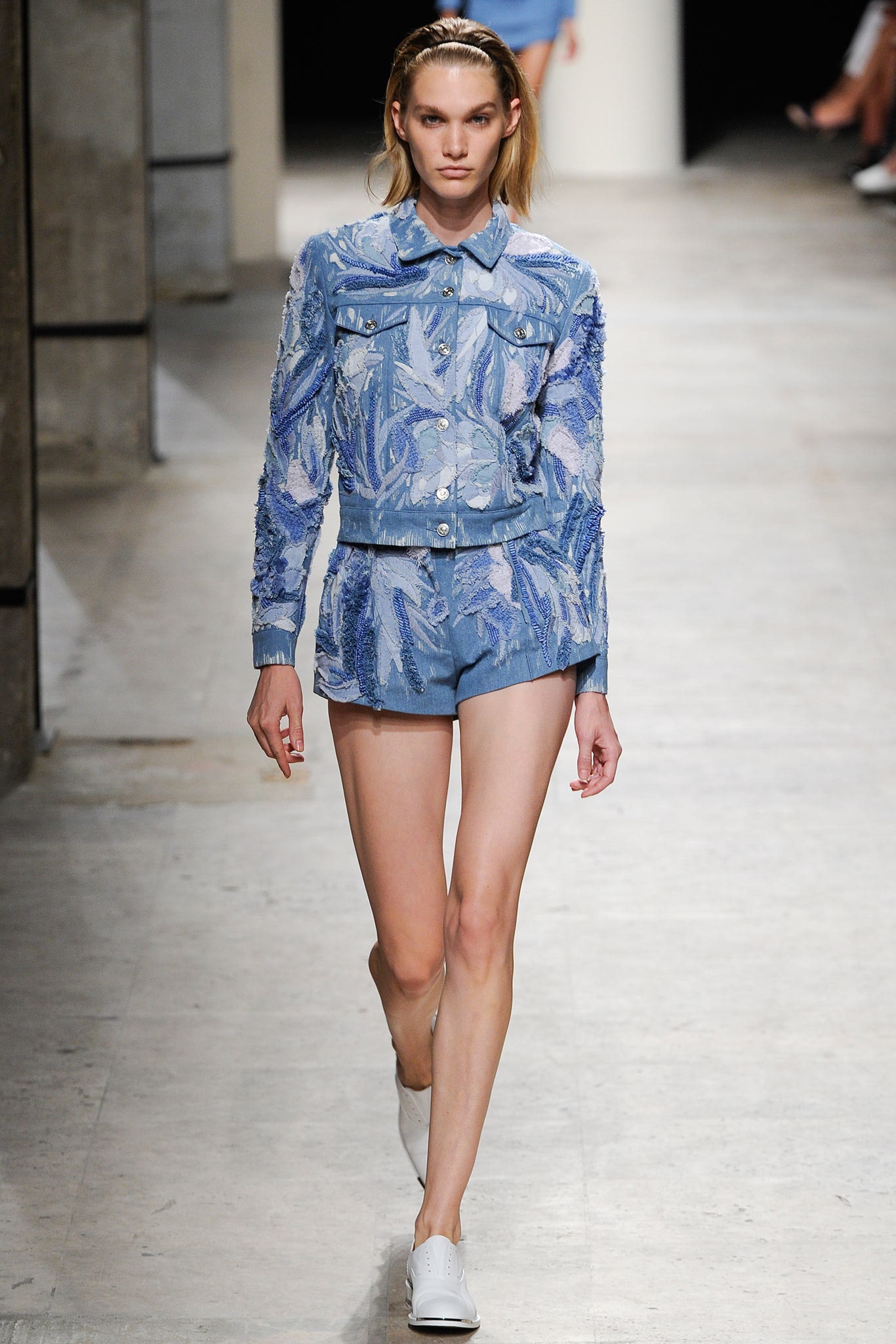 blue denim long-sleeve collared fitted embroidered jacket