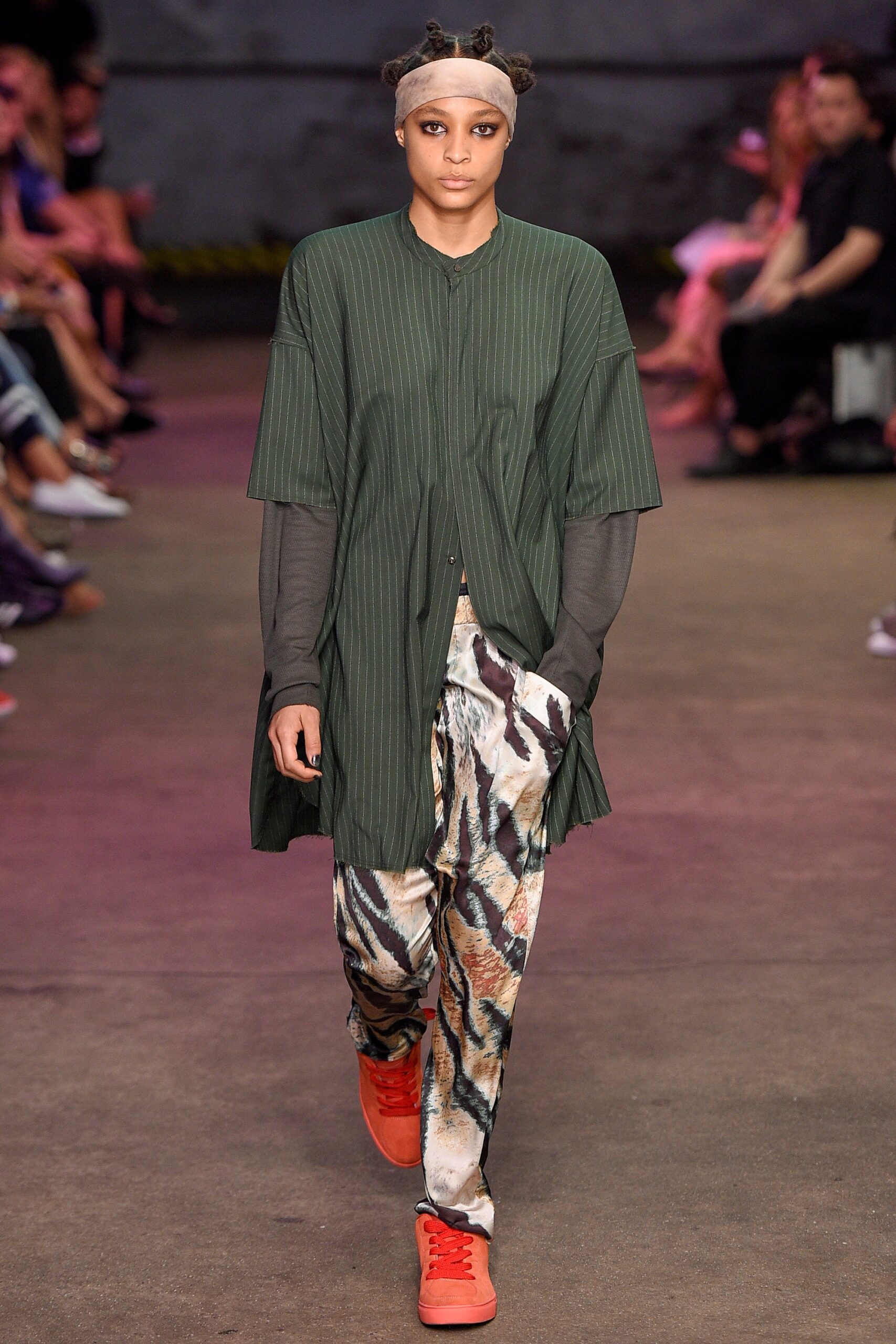 green striped shirt with printed pants
