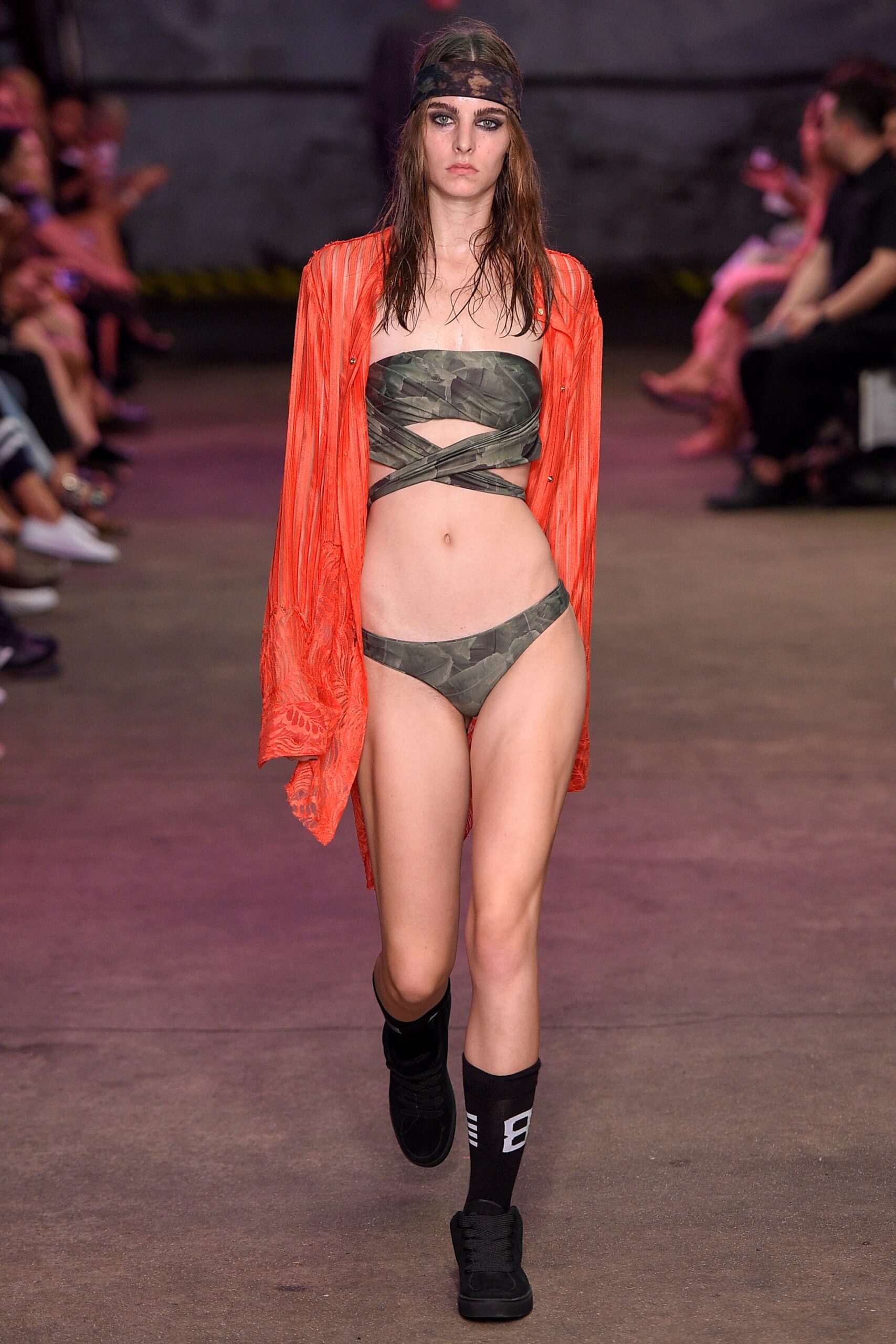 orange layered top with bikini