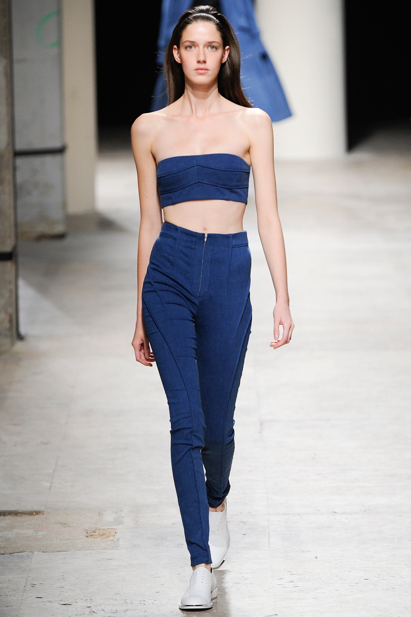 blue denim fitted high-waisted zippered straight-leg pants