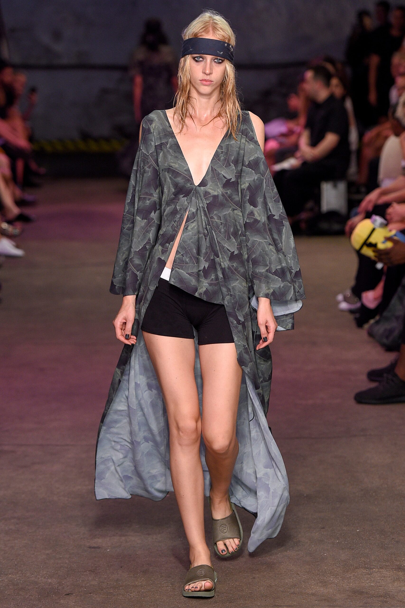 gray green silk cape with black shorts