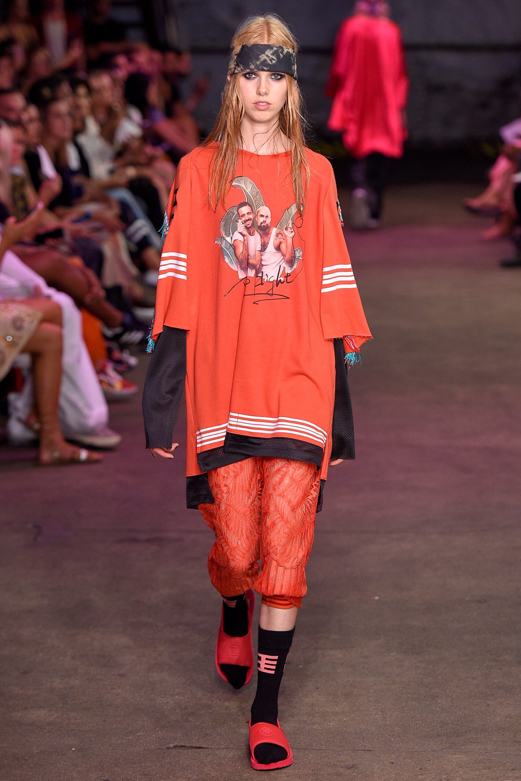 red relaxed t-shirt with orange pants