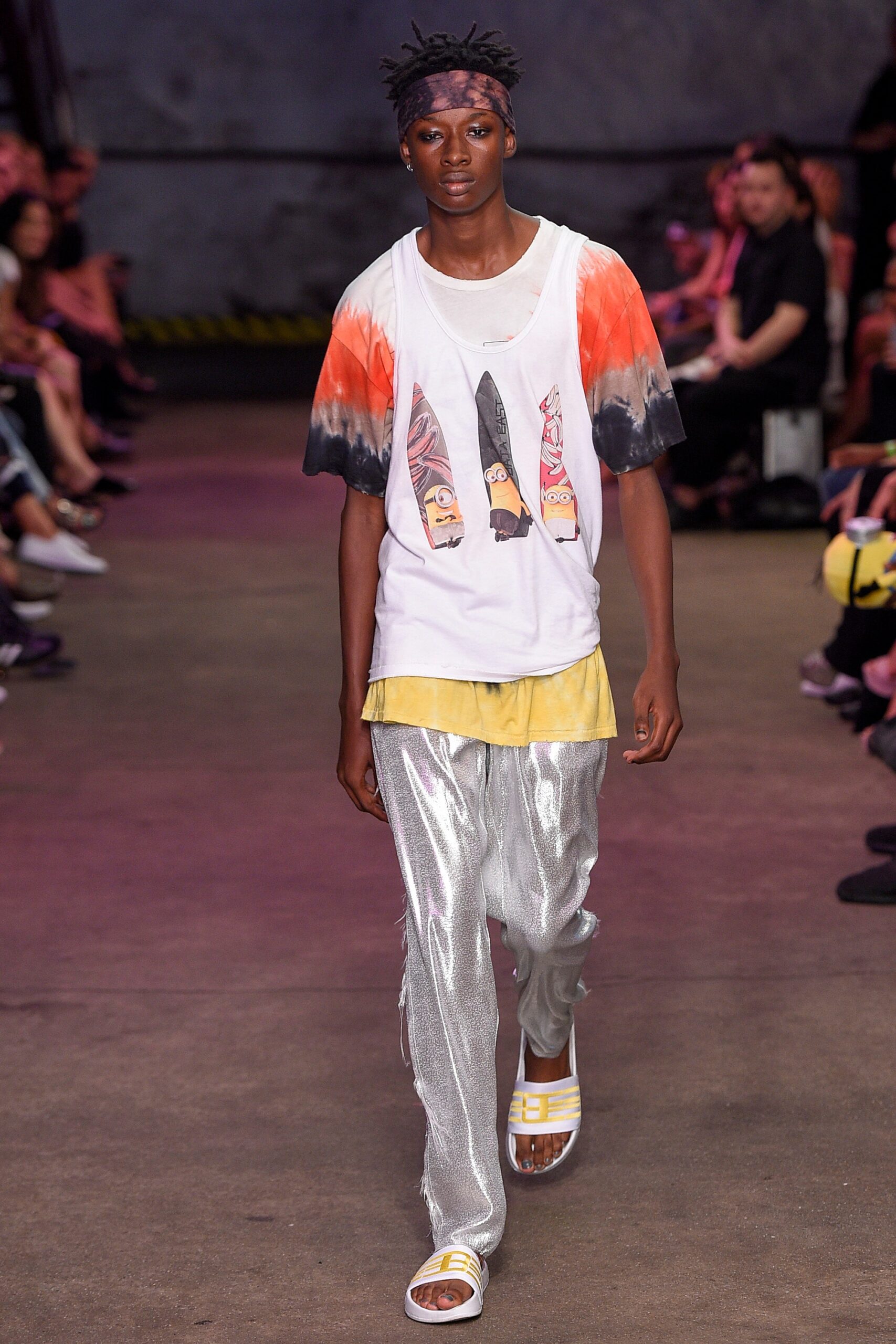 relaxed t-shirt and metallic pants