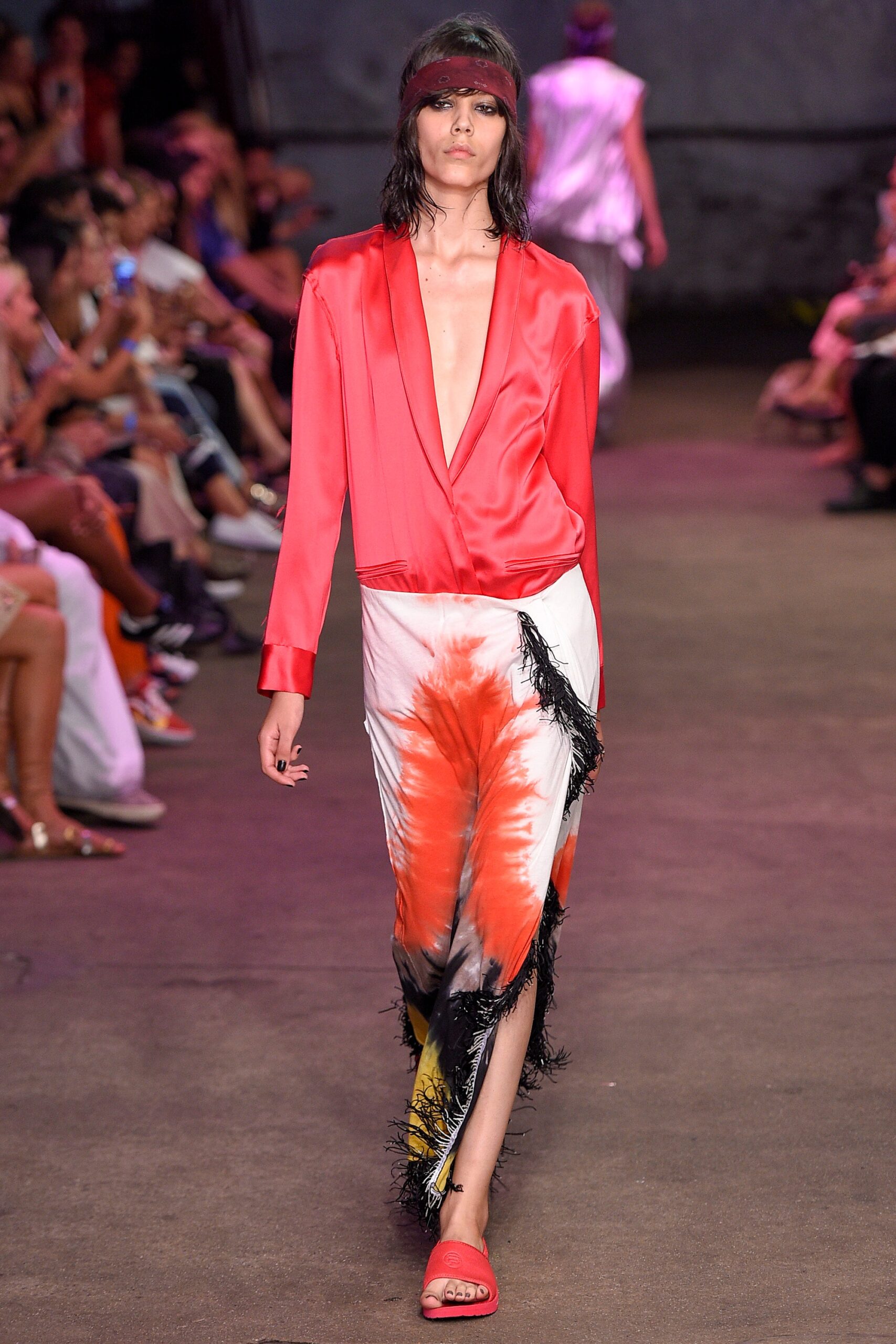 red silk blouse with asymmetric skirt