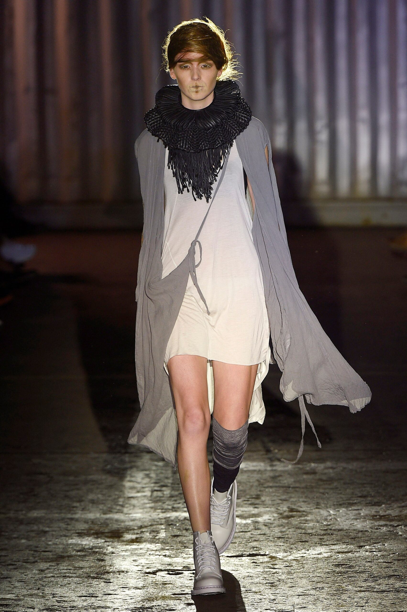 white relaxed mini dress with gray cape