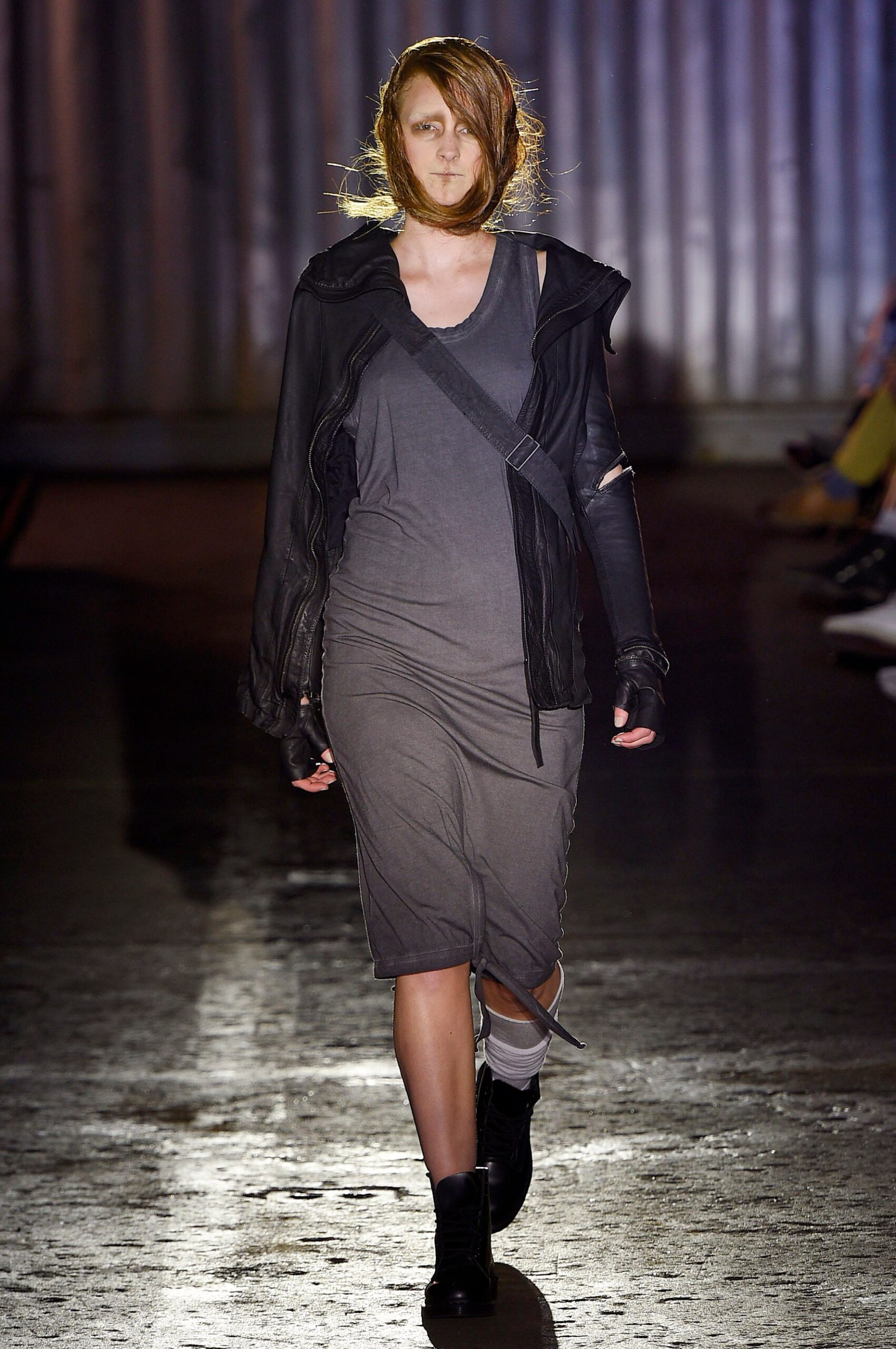 gray fitted midi dress with black jacket