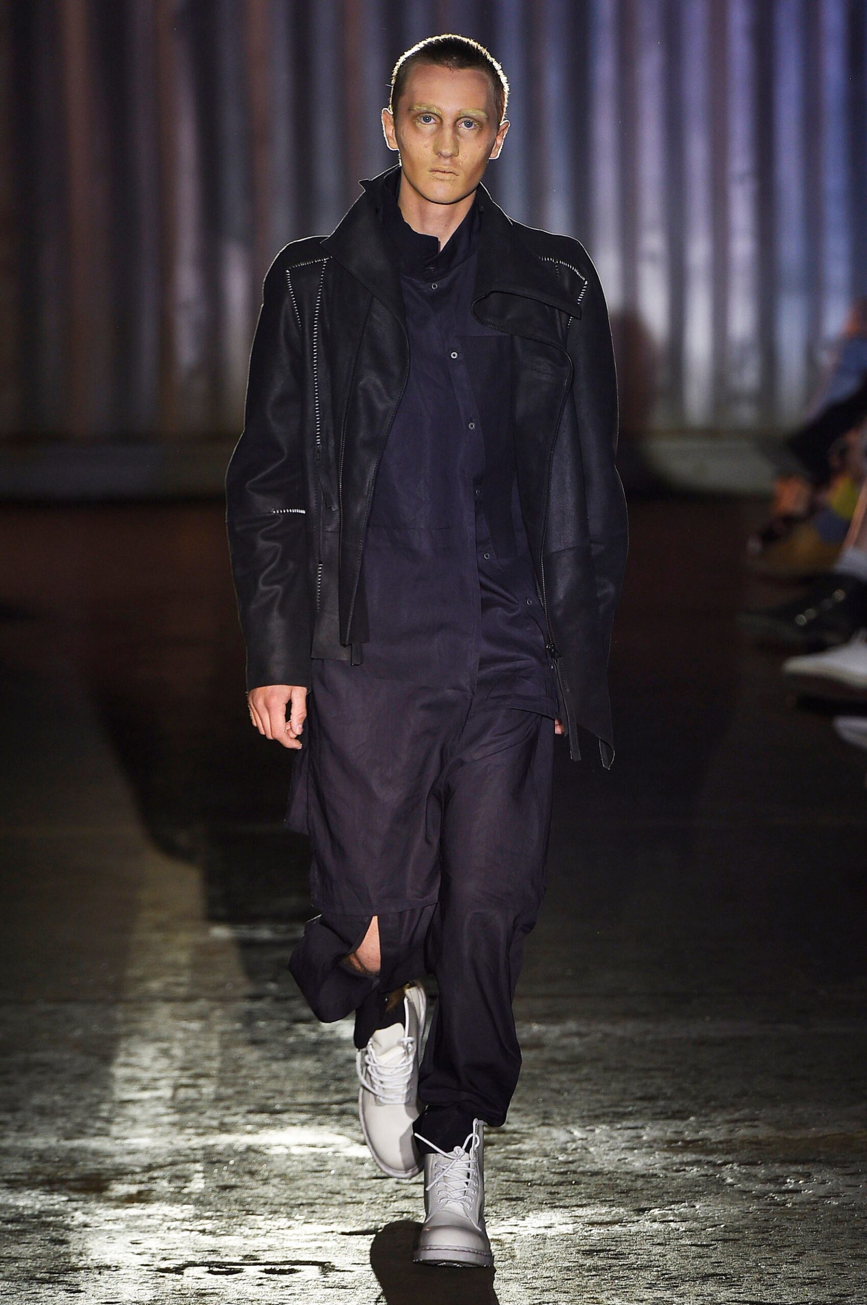 black leather jacket with relaxed pants