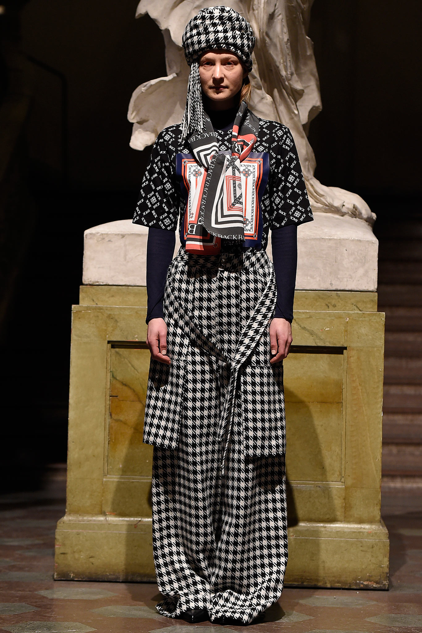 black and white printed top with wide-leg pants