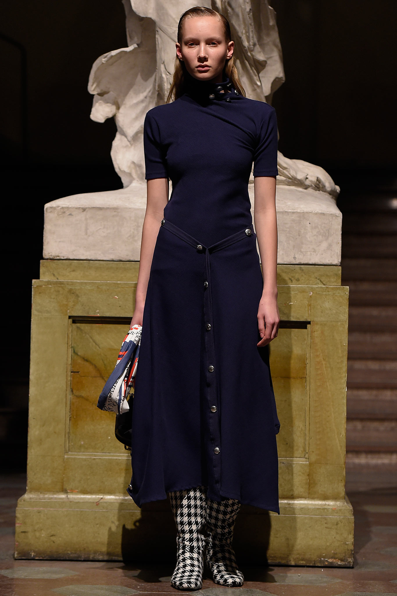 blue cotton short-sleeve v-neck fitted buttoned midi dress