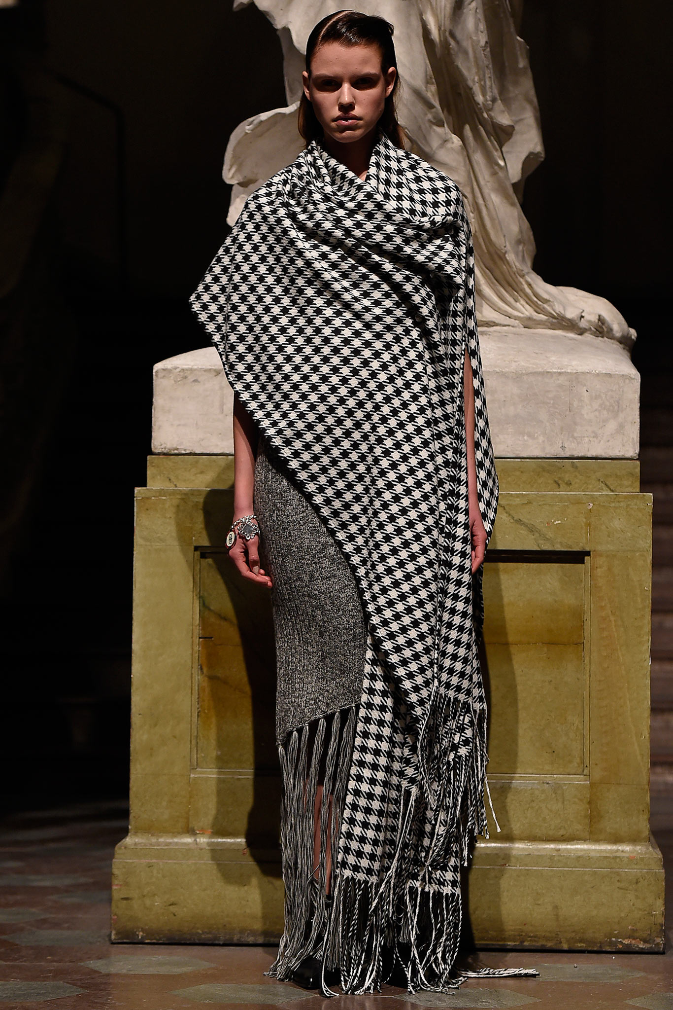 black wool relaxed checked fringed poncho