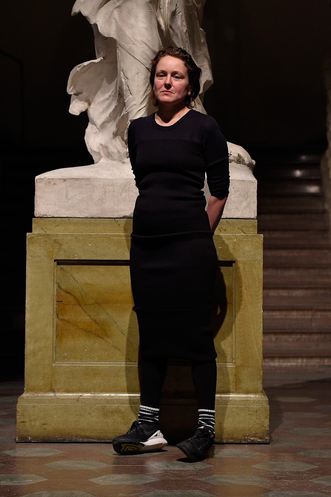 black fitted knit midi dress