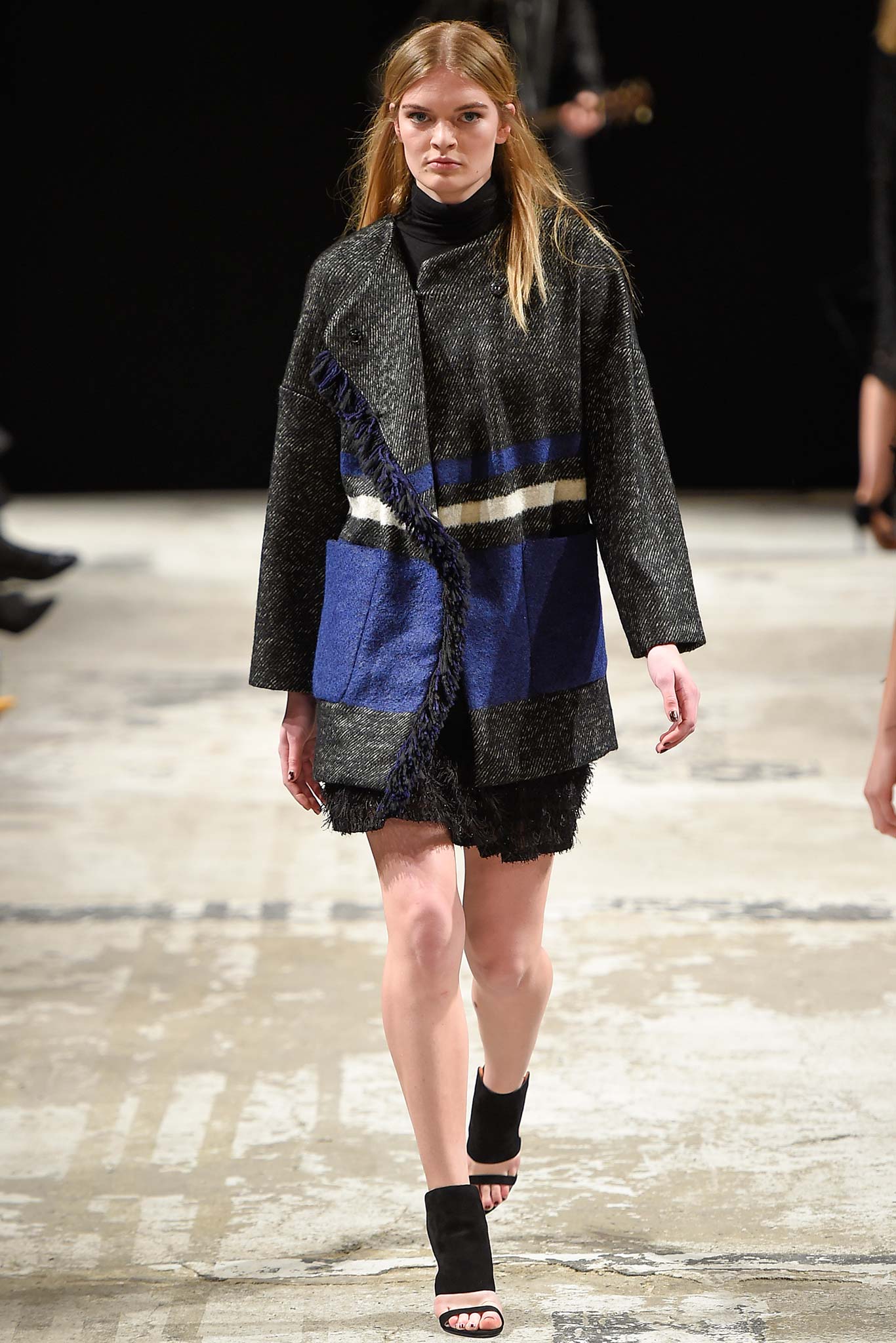 black wool coat with blue accents